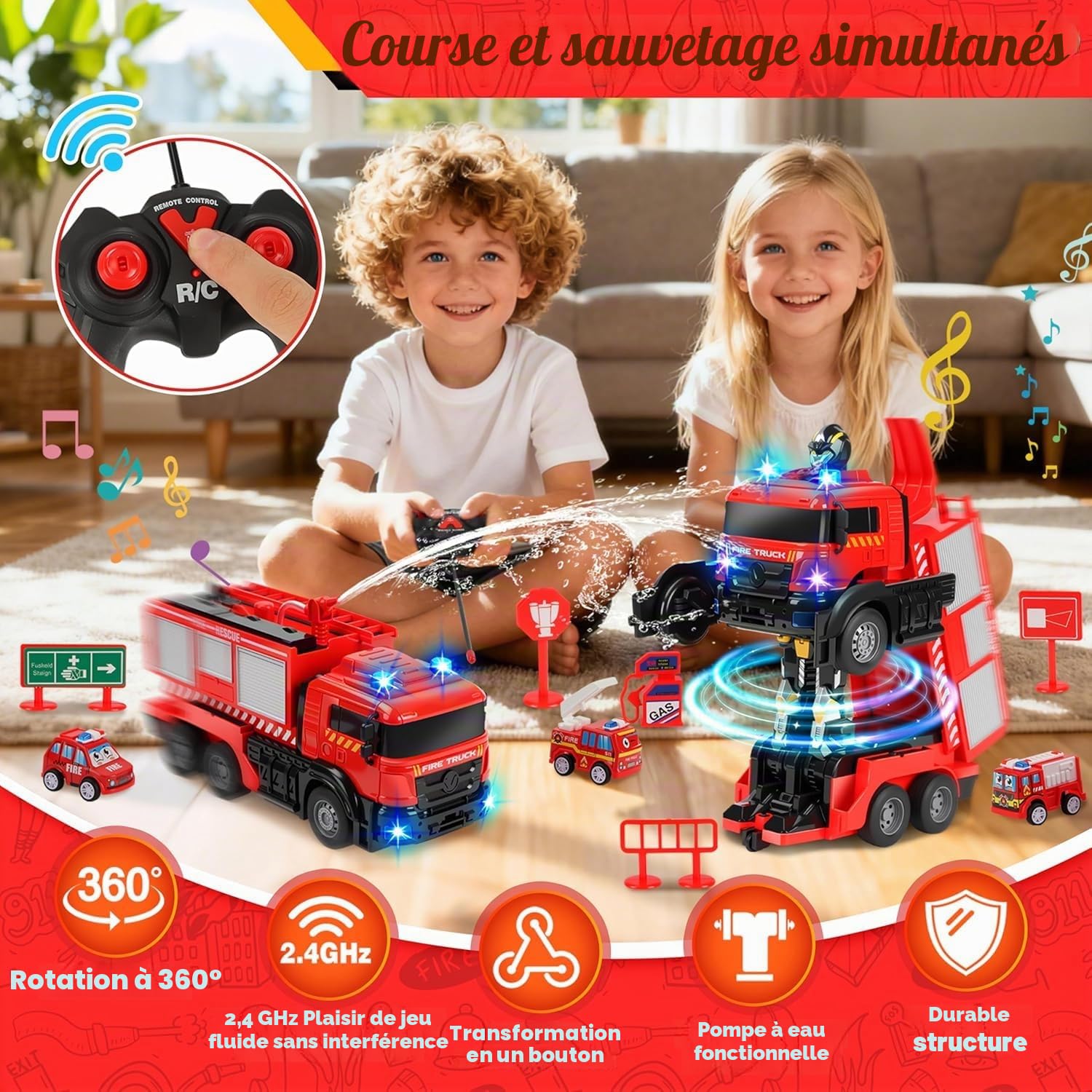 JONRRYIN Camion de pompiers télécommandé, 1:14 Grand jouet de pompiers avec lumière et son, jet d'eau, transformateur 2 en 1, voiture télécommandée jouet, voiture jouet enfants cadeaux de Noël