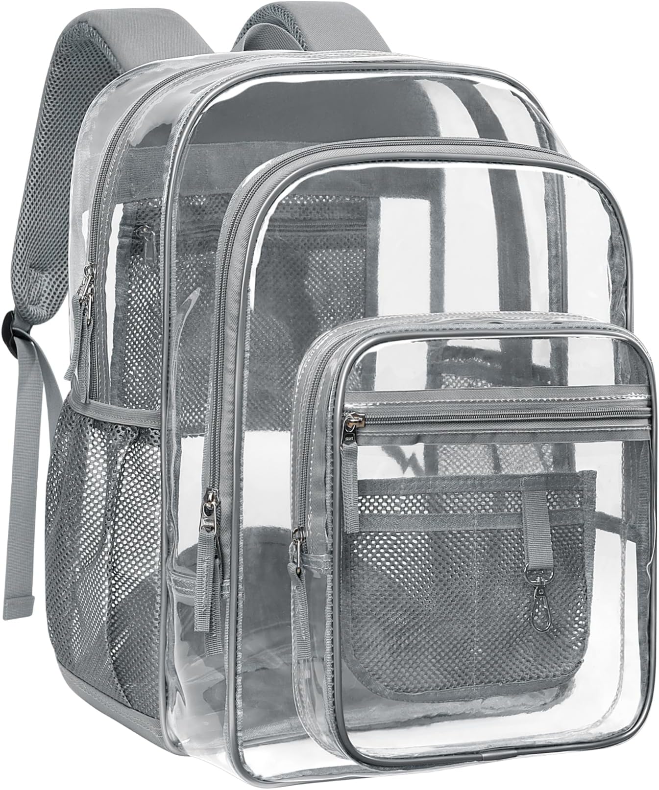 PACKISM Clear Backpack for School - 18 Inch Extra Large Heavy Duty Clear Bookbag for Boys, See Through PVC Transparent School Backpack with 2 Large Front Pockets, Grey (Age 12+)
