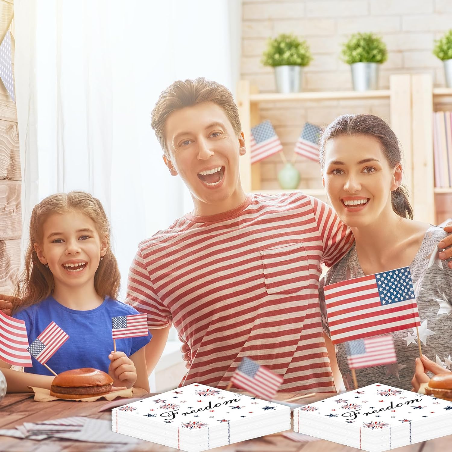 50 Pack Patriotic Napkins, Stars Firework Paper Napkins Disposable 4th of July Cocktail Napkins for Veterans Day Memorial Day Independence Day Decoration 6.5 x 6.5 Inch