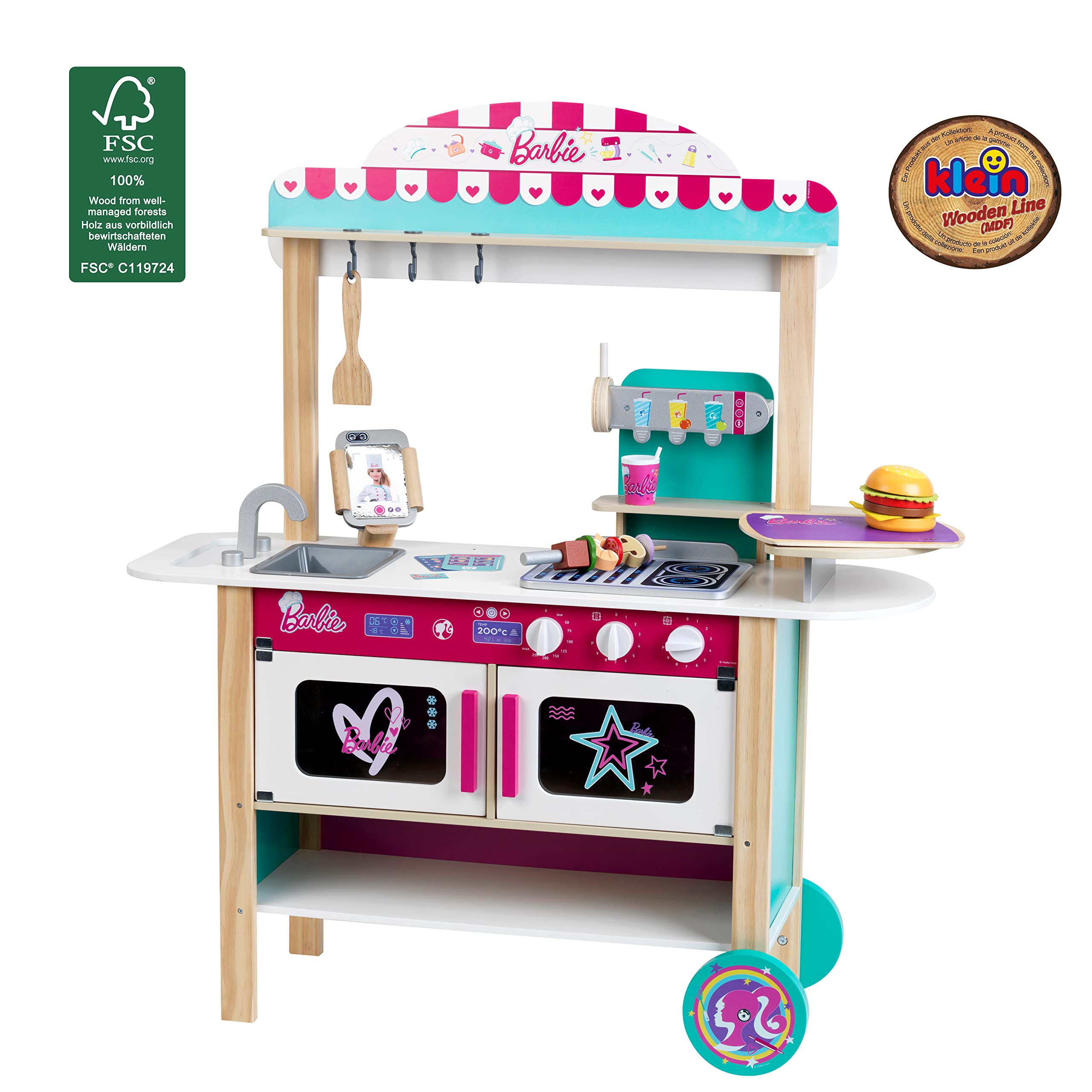Theo Klein 7324 Ristorante Bistrò di Barbie in Legno (MDF), con Griglia, Forno e Frigorifero, Accessori da Bistrò Inclusi, Giocattolo per Bambini dai 3 Anni in su