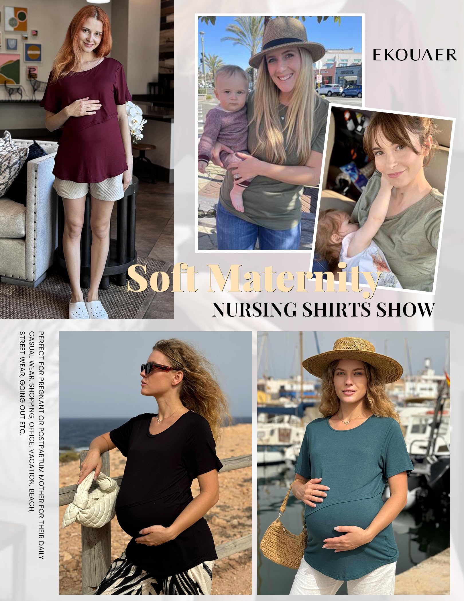 Ekouaer Stillshirt Model Umstandsmode 1er/3er Pack Weich Kurzarm Sommer Still Tshirt Stilloberteile Damen Stilltop für Schwangere