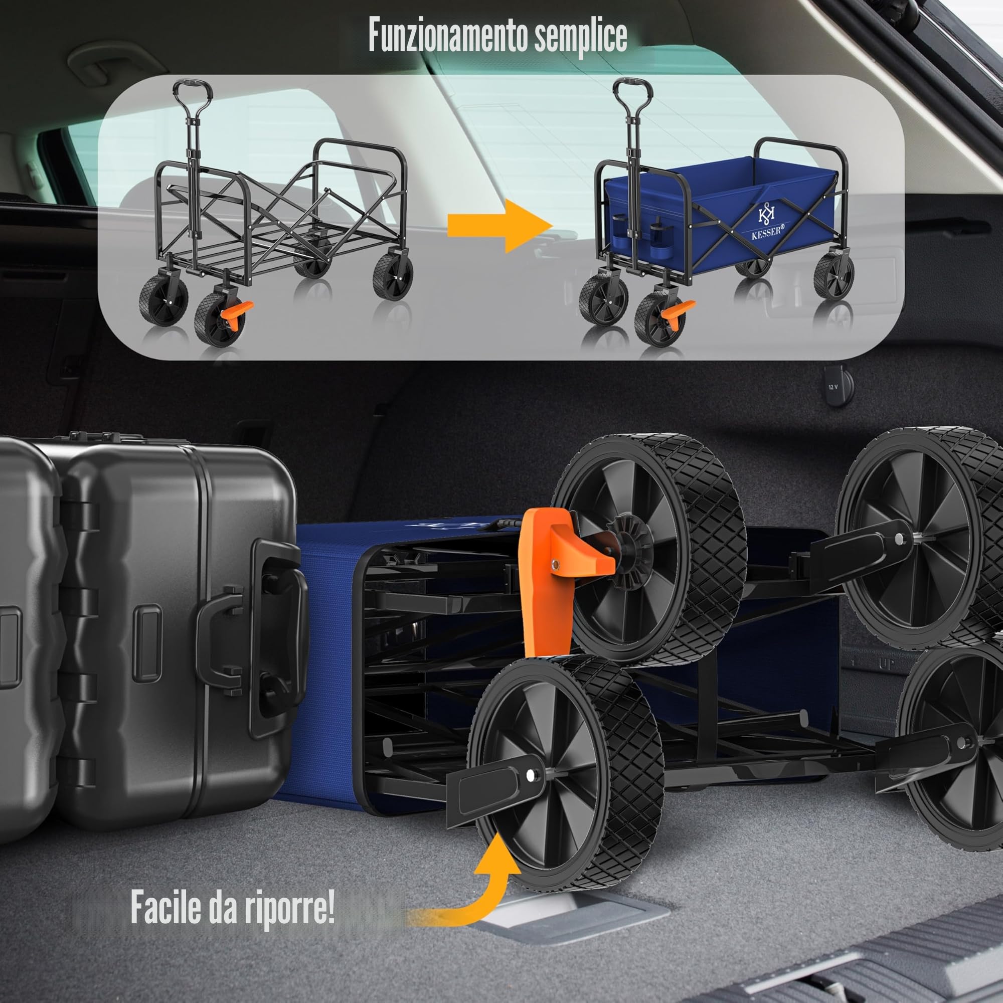 KESSER® Carrello Pieghevole Carrello a Mano Carretto da Trasporto | incl. 2 Tasche a Rete | Pieghevole | Ruote in PVC | capacità di carico Fino a 80 kg Carretto da Trasporto