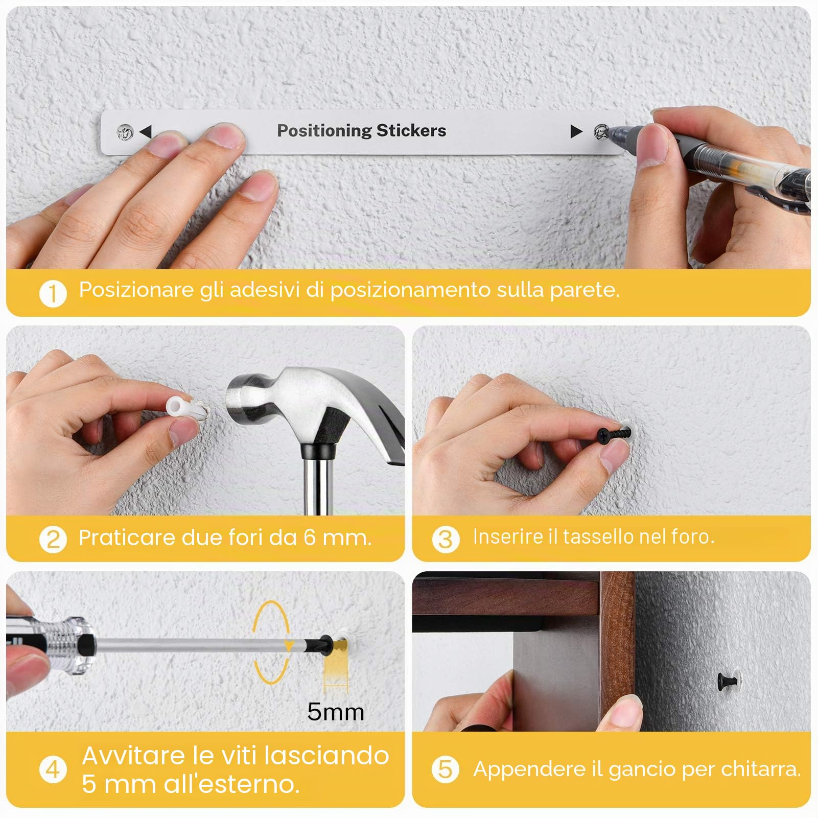 Donner Supporto Chitarra da Parete, Porta Chitarra da Muro Gancio in Legno, Supporto Multifunzionale con Supporto Plettri e 2 Ganci per Ukulele Violino Basso Chitarra elettriche acustica e Accessori