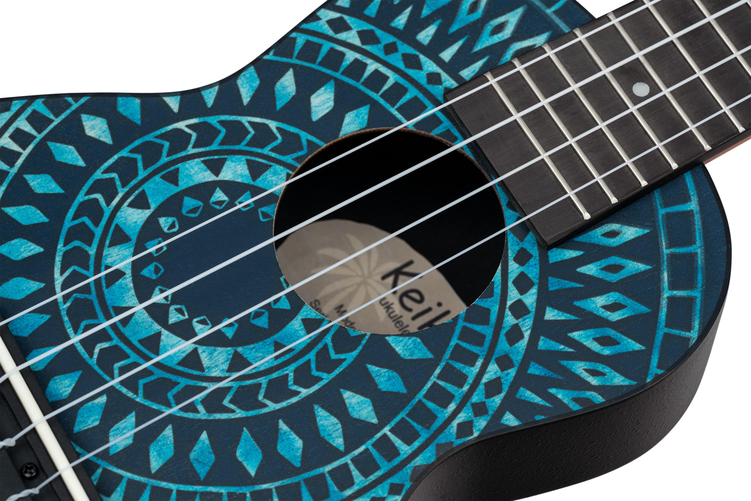 Ortega Guitars Ukelele Soprano azul - Keiki K2 - Kit de inicio incluye afinador, correa, 5 púas medianas y bolsa de dibujo - caleidoscopio azul (K2SS-BKC)