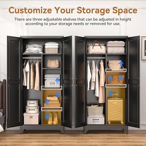Miniatura 4 de Metal Armoire Wardrobe Closet, 71" Tall Wardrobe Cabinet with 2 Doors, Hanging Rod and Adjustable Shelves, Steel Clothing Storage Cabinet for