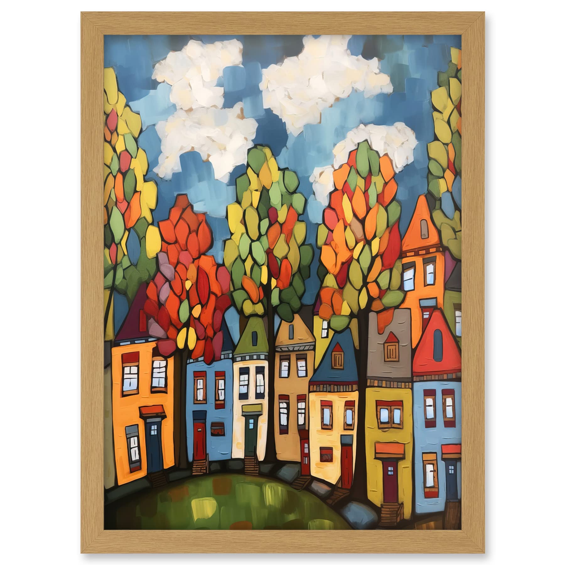 Artery8 Multicoloured Row Of Houses With Autumn Trees Contemporary Folk Art Painting Artwork Framed A3 Wall Art Print