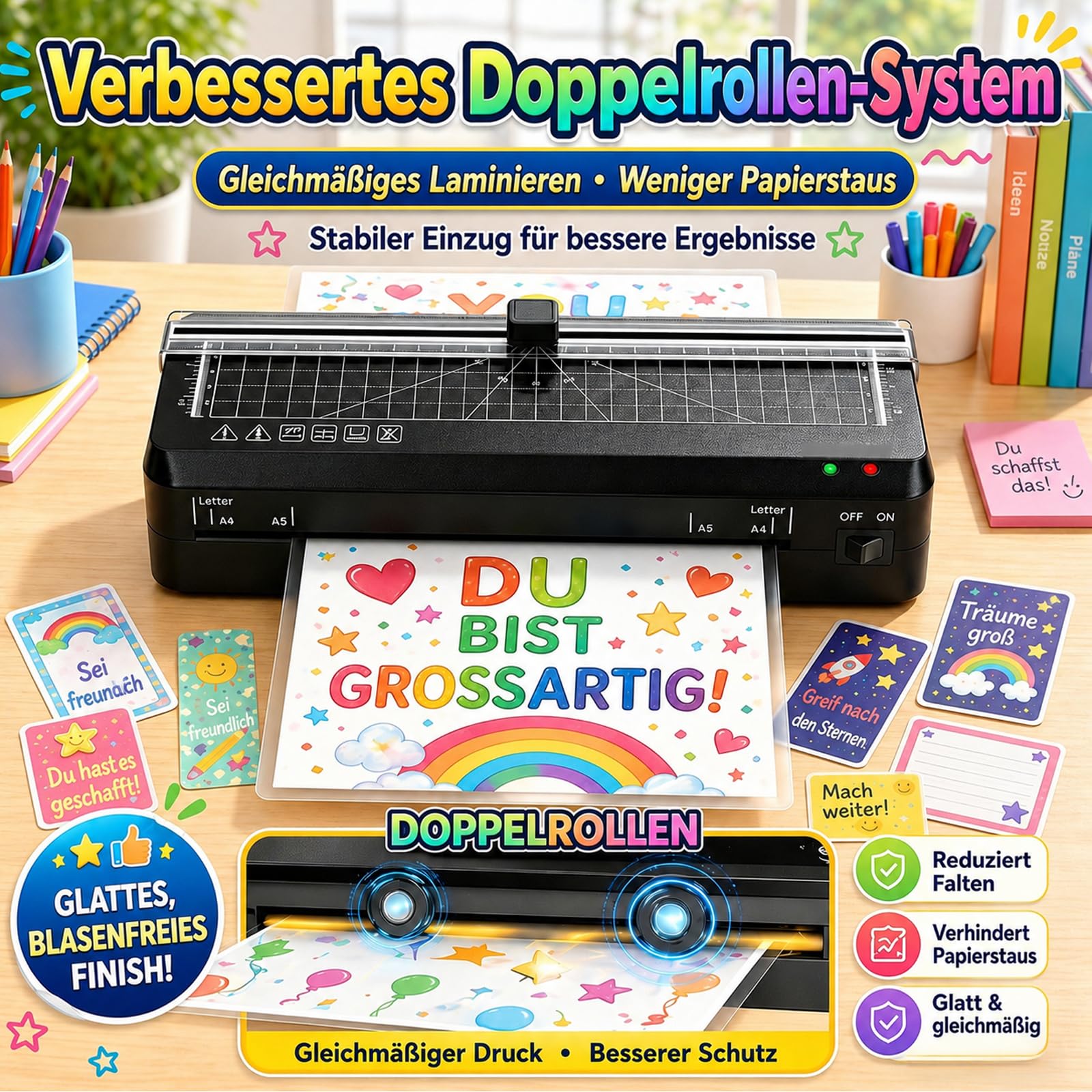 Laminator, Laminator A4 Szybkie nagrzewanie 70 s | Kontrola temperatury NTC, zintegrowany nóż, funkcja ABS zapobiegający zakleszczeniu, przenośny do szkoły, biura i domu