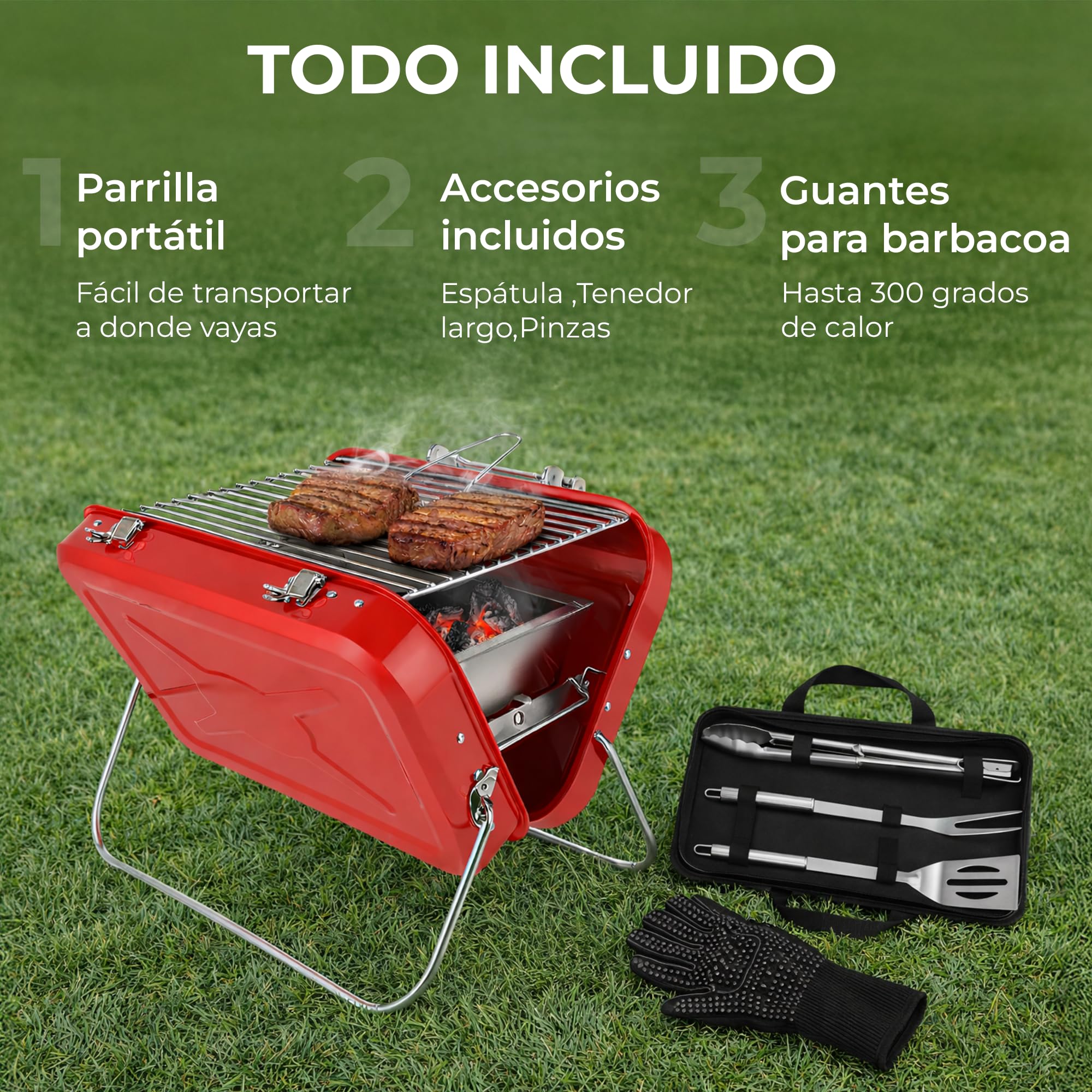 barbacoa carbón, barbacoa portátil de acero inoxidable 410 tipo maleta, ligera y compacta para camping, jardín, terraza y picnic, incluye guante térmico y utensilios BBQ