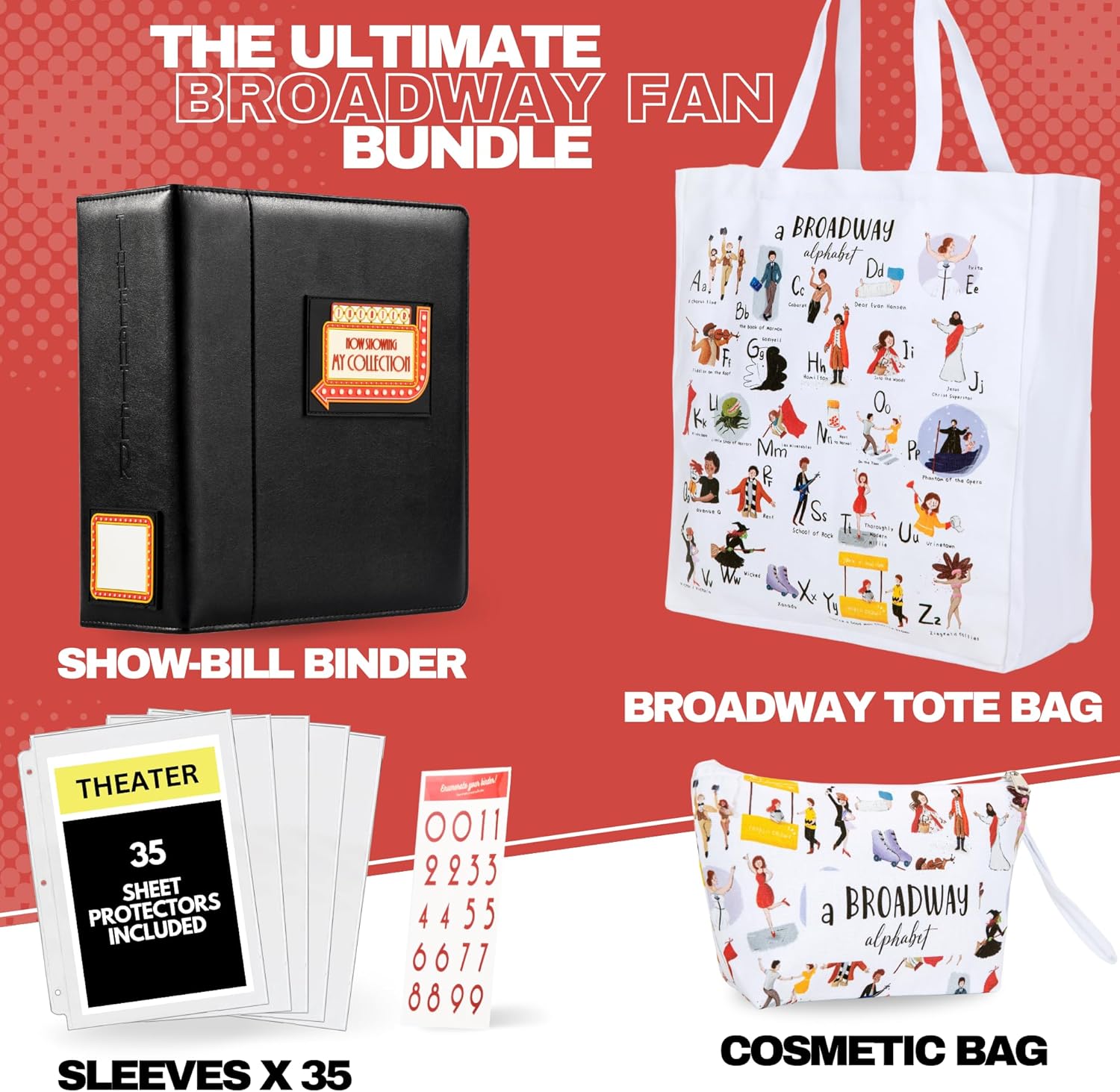 UTOPISH Ultimate Broadway Fan Bundle - Show-Bill Binder & Broadway Alphabet Tote and Cosmetic Bags Set