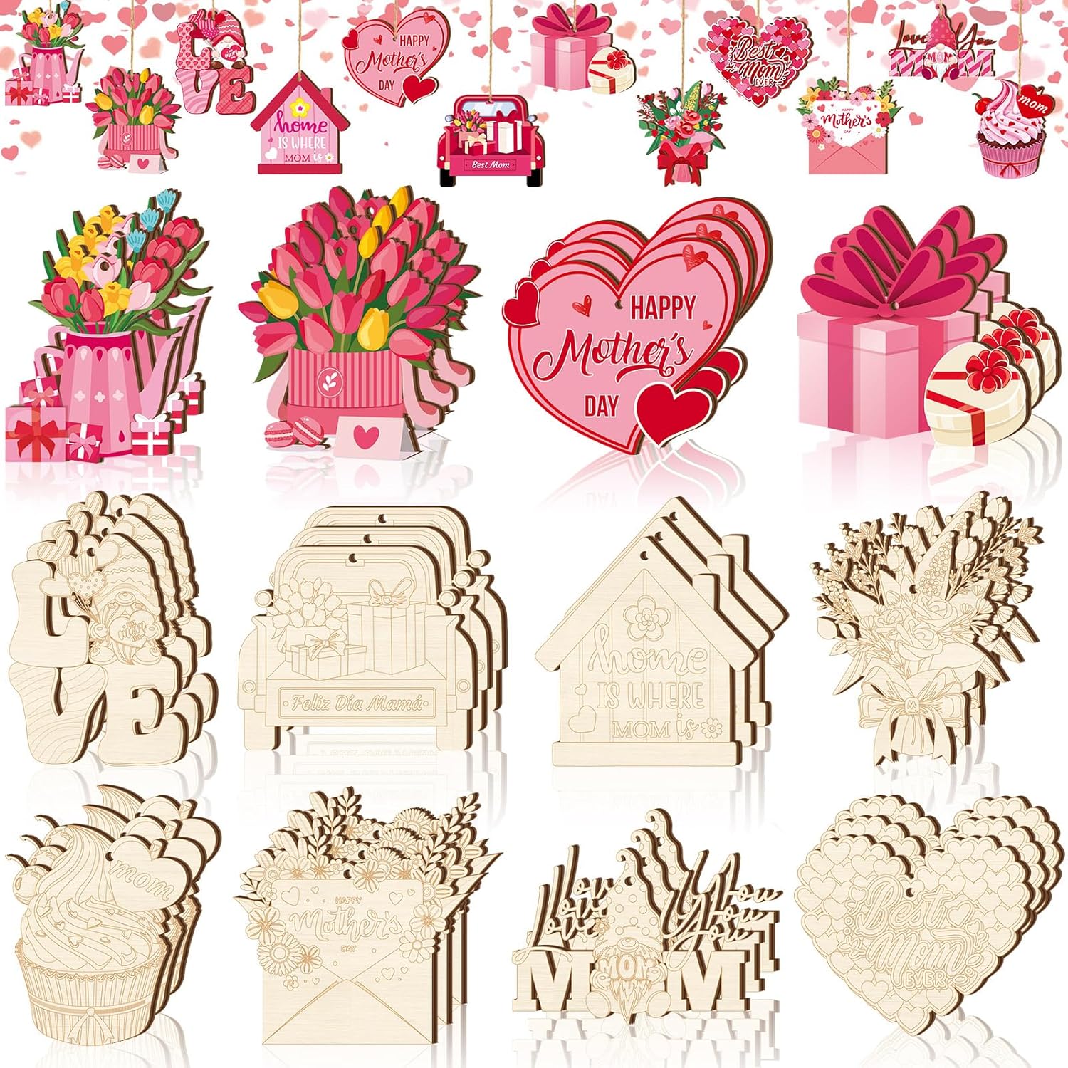 Thyle 120 Pcs Mother's Day Wooden Crafts Unfinished Wood Cutouts for Kids Painting Mother's Day Ornaments DIY Craft Gifts with Tulips Heart Gnome Trucks Love for Happy Birthday Decorations
