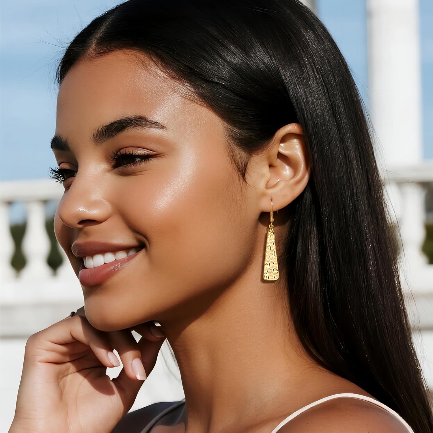 ALEXCRAFT 925 Sterling Silver Dangle Earrings for Women, 14K Gold Plated French Leverback Earrings, Hypoallergenic Lightweight Statement Hammer Square Bar Long Drop Earing for Women Trendy Jewelry - Image 3