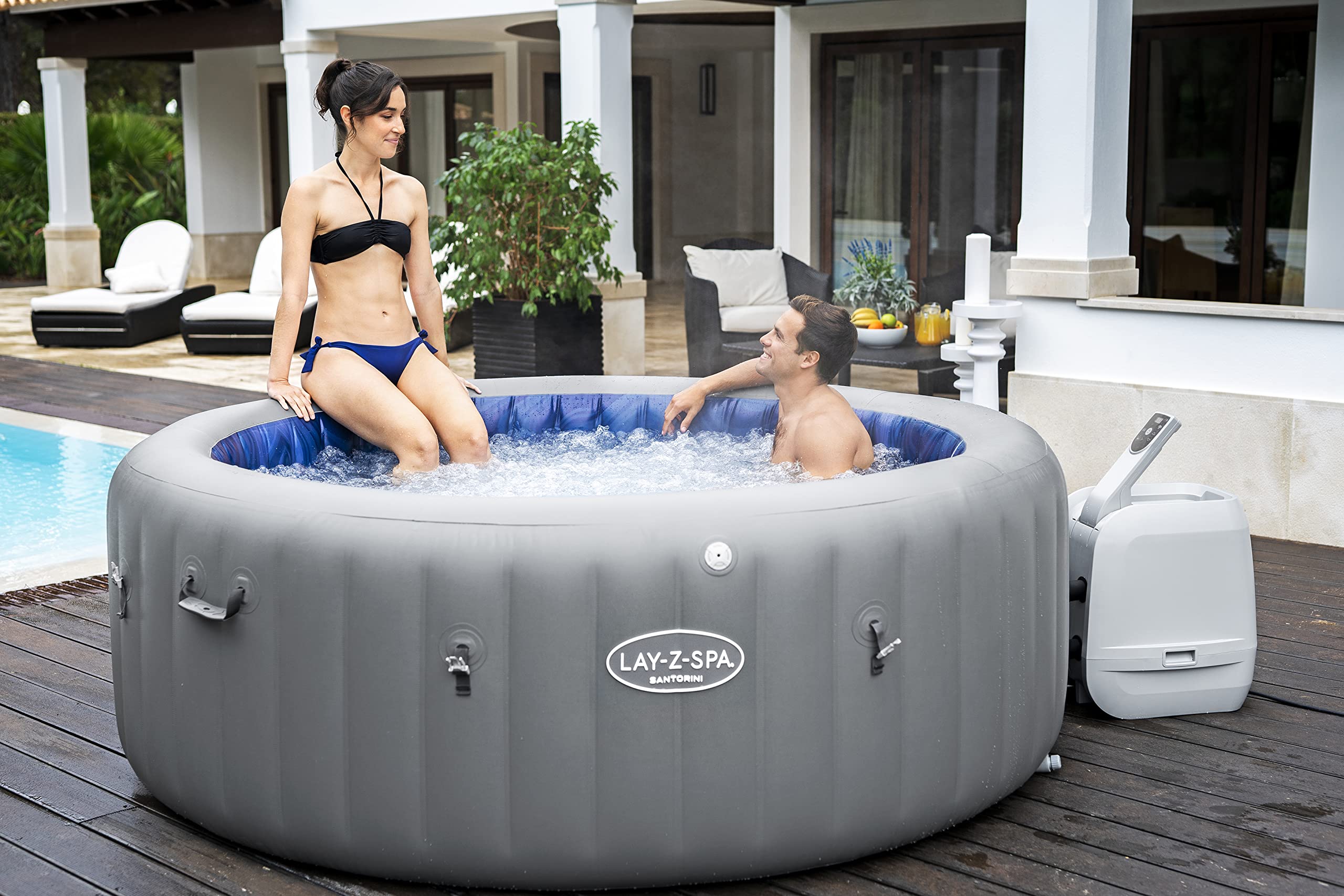 Bestway - Spa Gonflable Santorini Smart HydroJet Pro Efficacité énergétique avec Application de contrôle pour 5 à 7 Personnes - 216 cm x 216 cm x 80 cm - Gris