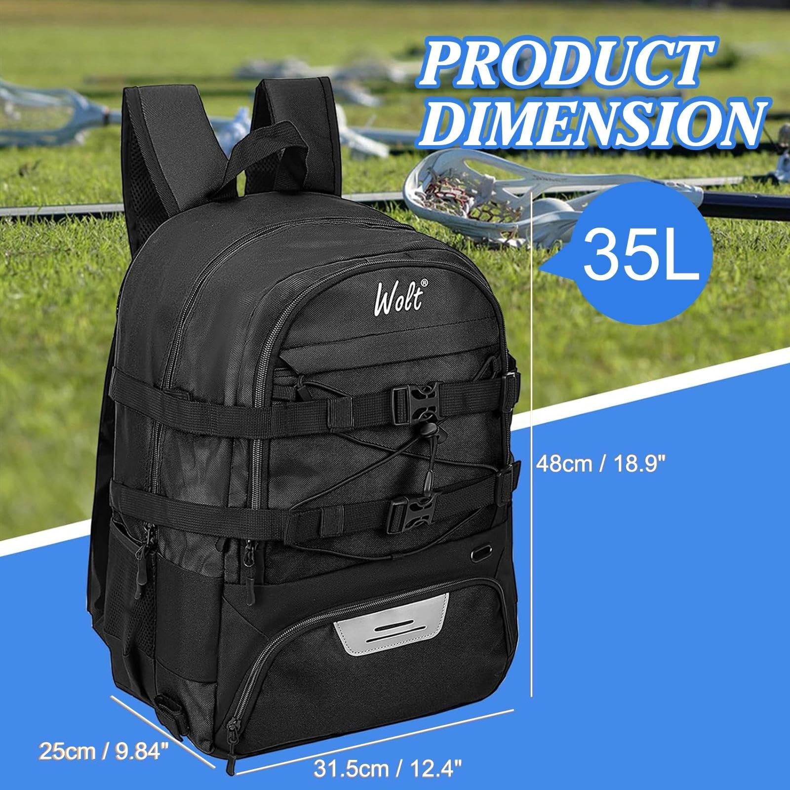 WOLT Lacrosse Bag Lacrosse Rucksack mit Zwei Schlägerhaltern, große Feldhockey-Tasche für alle Sportausrüstungen