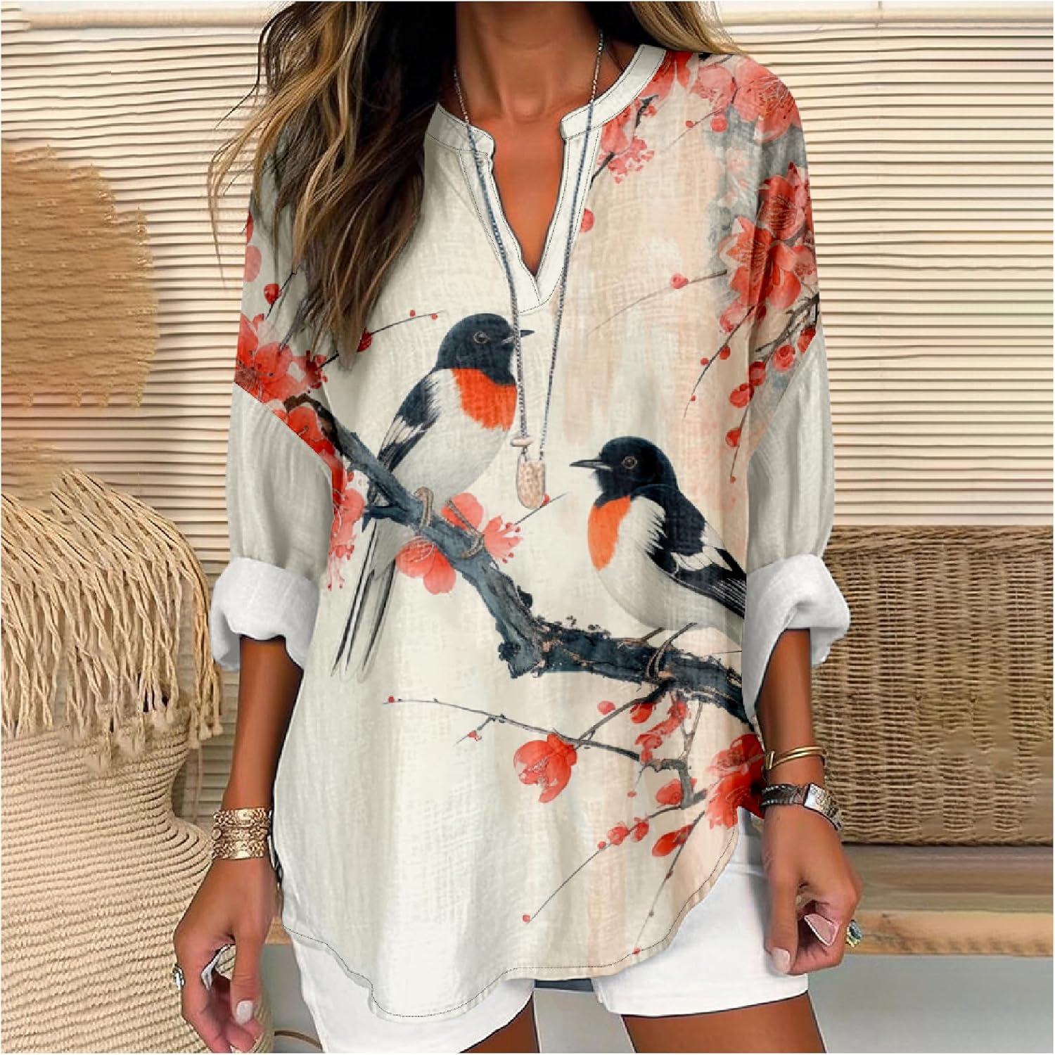 MARSVOVO Japanese Art Style Shirt for Women Long Sleeve Novelty Graphic Tops V Neck Oversize Vintage Causal Pullover - Image 2