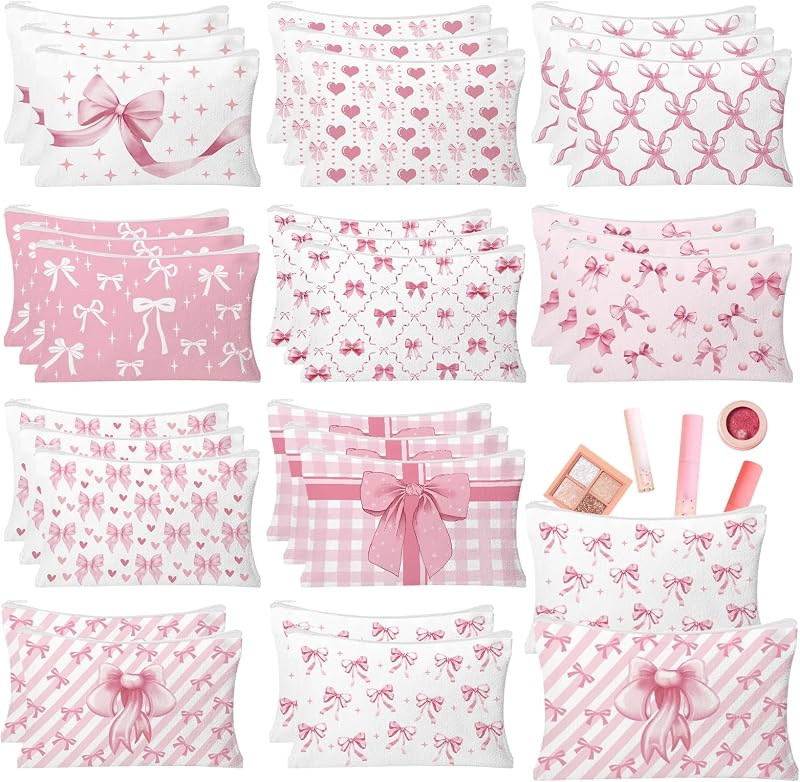 30 Necessaires de maquiagem HSDSH rosa com laços, 10 modelos, Pacote com 30