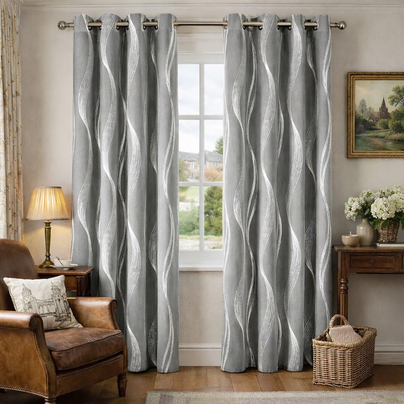 Lot de 2 Rideau Occultant Rideau à Oeillets, Rideaux Occultants Thermique Motif Ligne Argenté, Rideau de Porte Occultant pour Salon (Gris Clair, 130 x 270 cm)