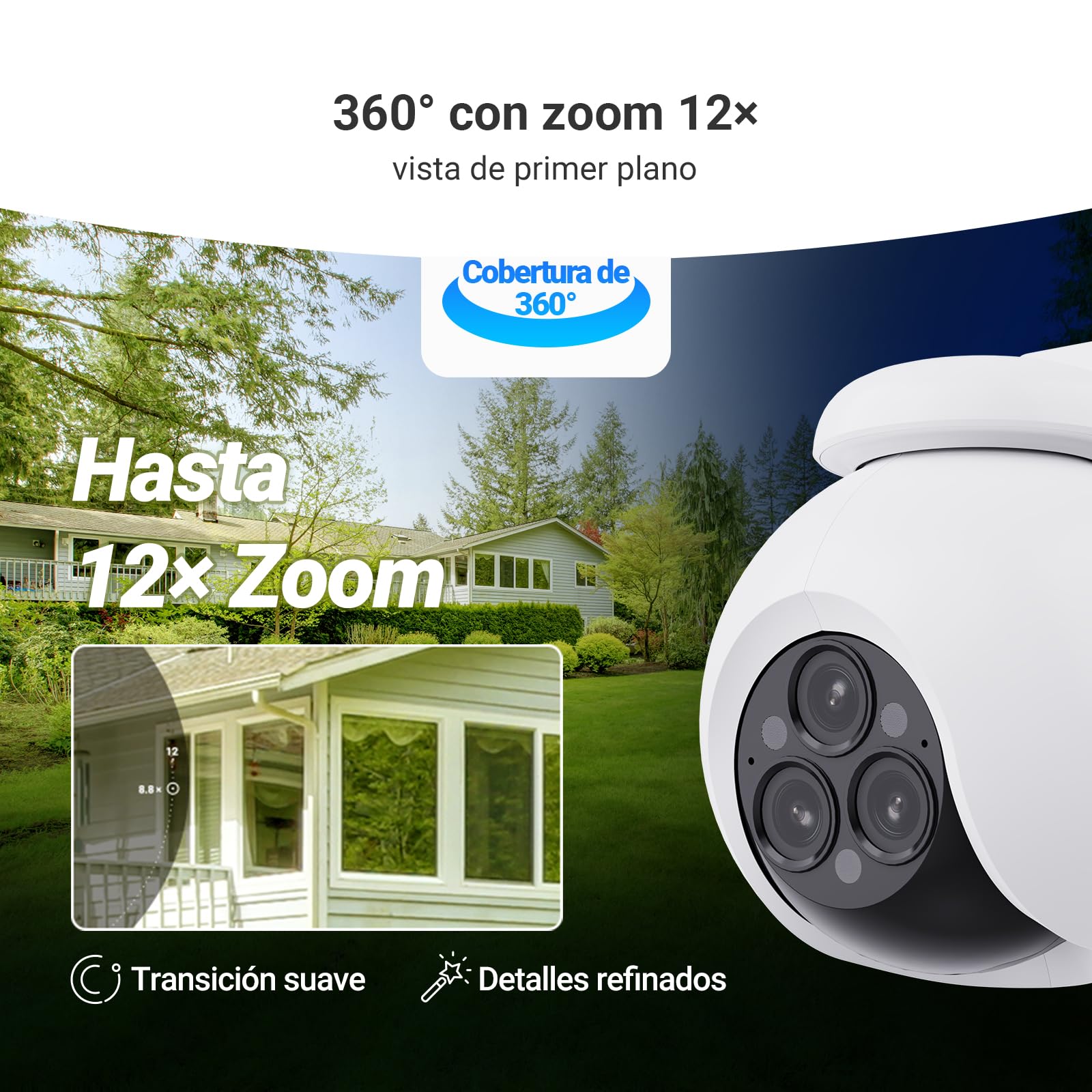 EZVIZ Cámara Vigilancia WiFi Exterior,12MP,Triple Lente,3 × 2K+ Cámara IP de Seguridad 360°,Visión Nocturna en Color,IA Detección Persona/Vehículo,12× Zoom,Sirena,Alexa,Impermeable,H80F Multi