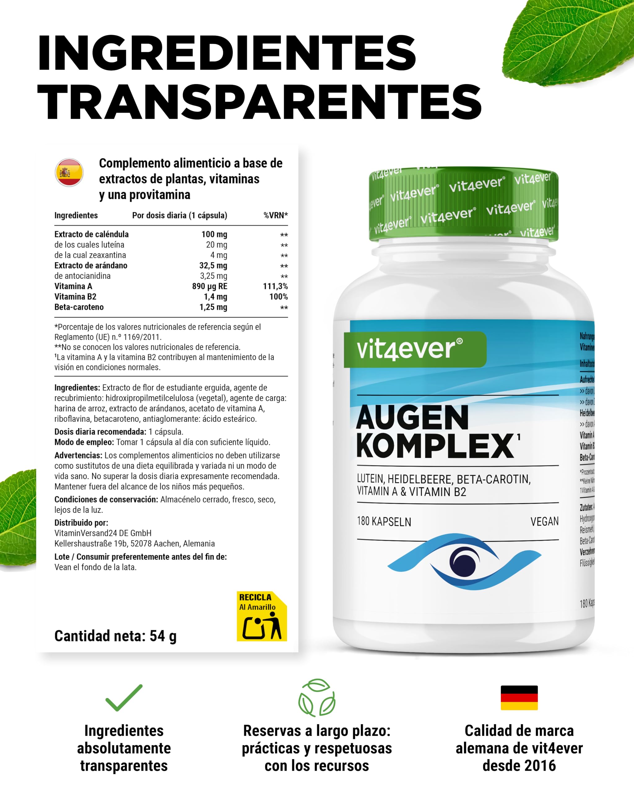 Complejo Vitamínico para los Ojos - 180 cápsulas para 6 meses con Luteína, Zeaxantina, extracto de Arándano, Betacaroteno, Vitamina A y Vitamina B2 - Vegano, alta dosis, sin aditivos inútiles