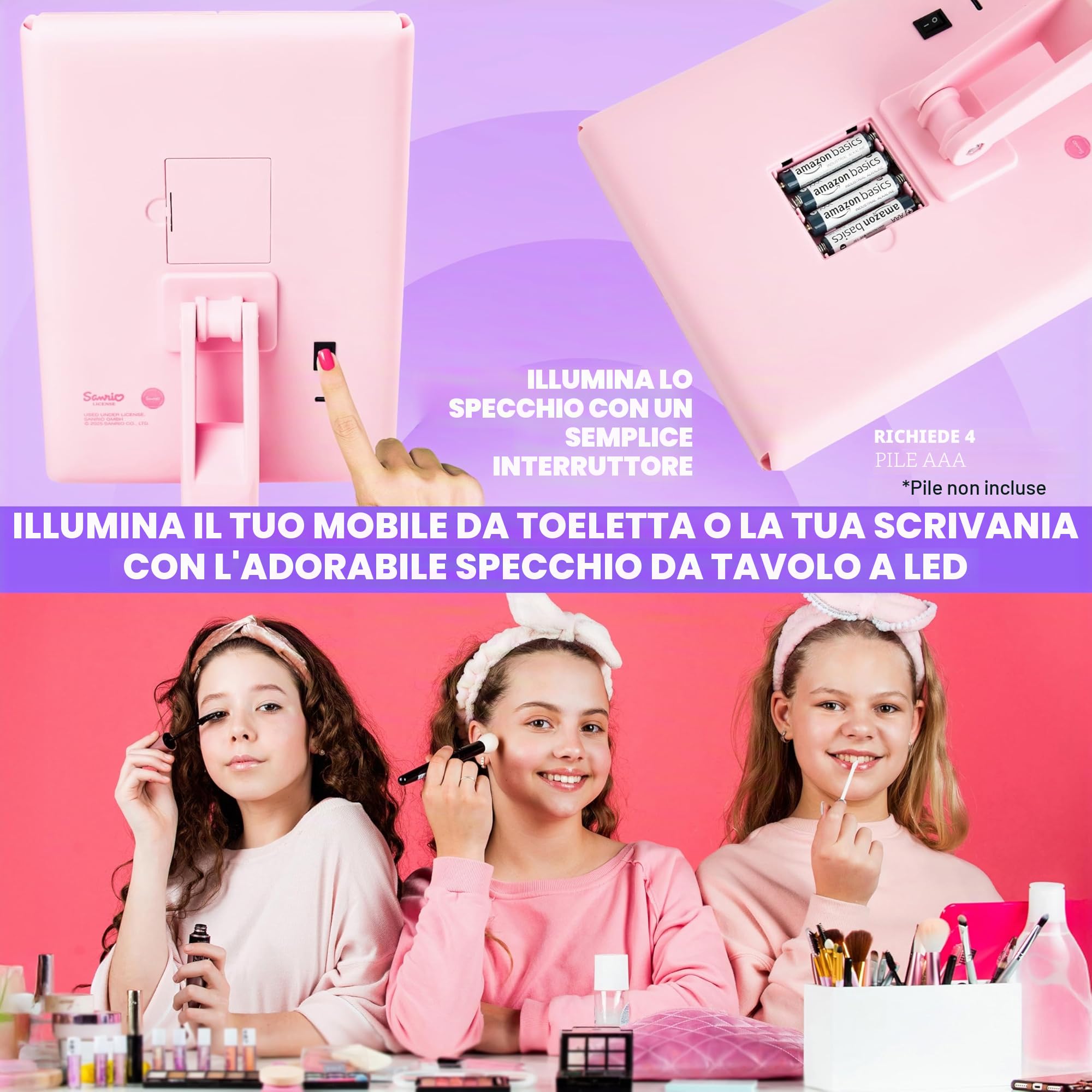 Get Trend Hello Kitty Sanrio Specchio Vanity con 16 LED Luci Tri-Fold Illuminare Specchi da Trucco con 3 Modalità Ingrandimento e Sensore Touch