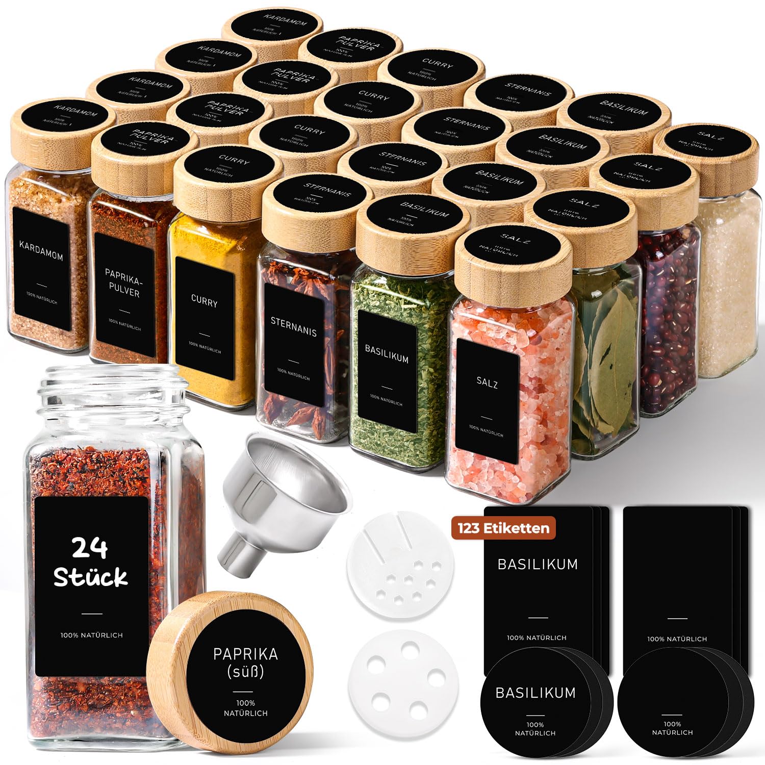 ComSaf barattoli spezie per cucina in vetro 120ml set da 24 con etichette leggibili, contenitori spezie per famiglie e appassionati di cucina, adatti a cassetti e mobili da cucina