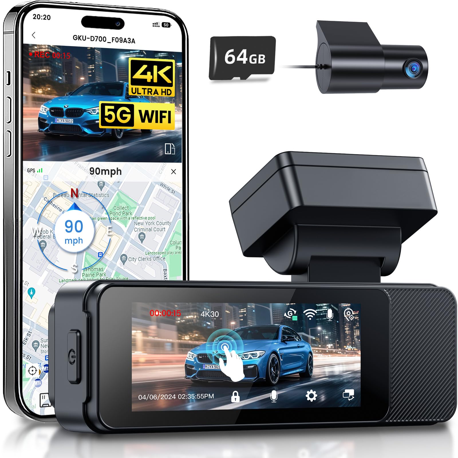 GKU 4K Dash Cam Front and Rear Camera, 3.18" Touch Screen, Dash Camera Built-in 5G WiFi & GPS, 4K+1080P Dashcams for Cars Support 512GB Max, Night Vision, 24H Parking Mode, G-Sensor (D700-CA)