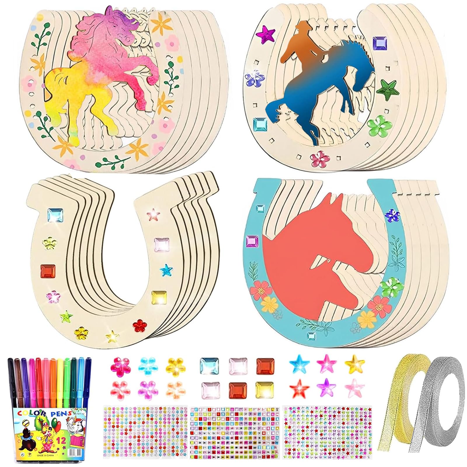 Capgoost Herradura de madera, 41 piezas de herradura para cumpleaños infantiles, manualidades, forma de herradura, discos de madera sin terminar con 12 lápices de acuarela, pegatinas de lentejuelas,