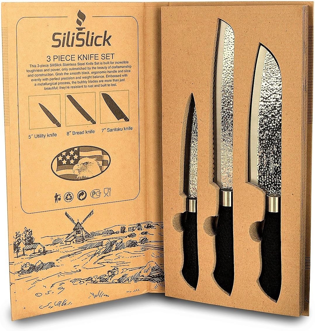 Kitchen Knife Set Embossed Blades 3 Pc. Built for Toughness and Power. Smooth Ergonomic Handle Helps Slice Evenly with Precision. by SiliSlick