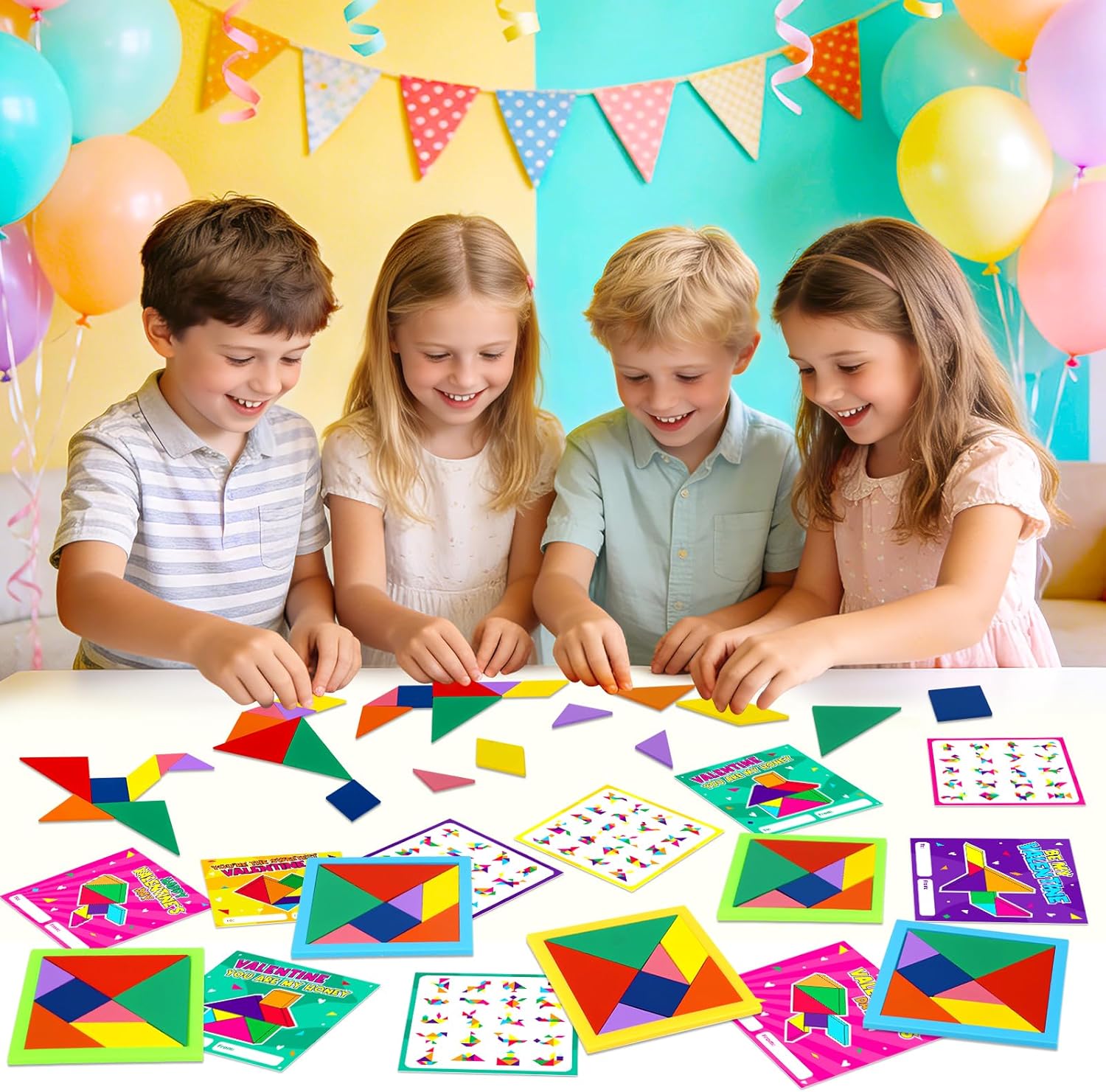 30pcs Tangram Puzzle Wooden Valentines Day Cards Gifts Kids Classroom Valentine’s Greeting Cards Classroom Exchange School Supplies Return Gifts For Birthday Party Favors Goodie Bags Stuffers Bulk Toy