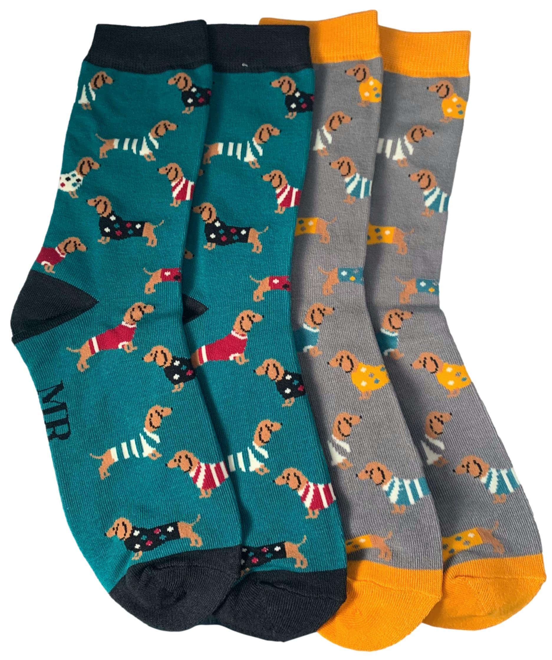 Purple Possum® Mens Socks Dachshund Sausage Dog Dogs Bamboo Cotton Blend Novelty Socks UK Shoe Size 7-11 Gift Idea (Grey and Teal (2 pair pack))
