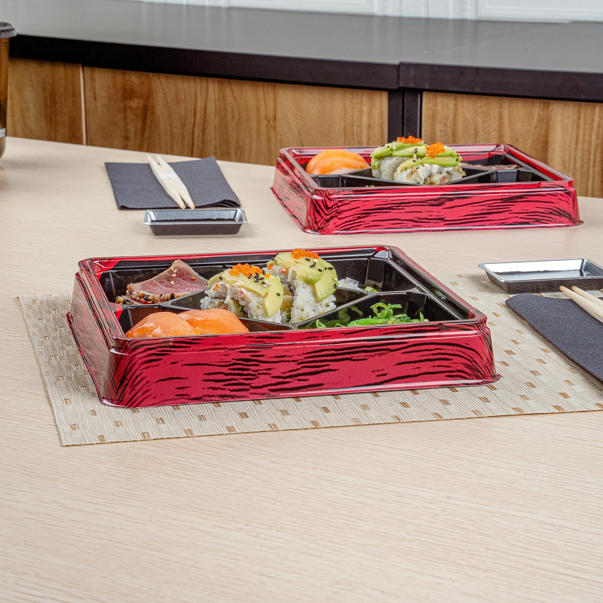 Restaurantware -Bento Tek - Contenedores de preparación de comidas de 18 onzas, 50 cajas desechables para alimentos, las tapas se venden por separado, 5 compartimentos, cajas de almuerzo Bento de