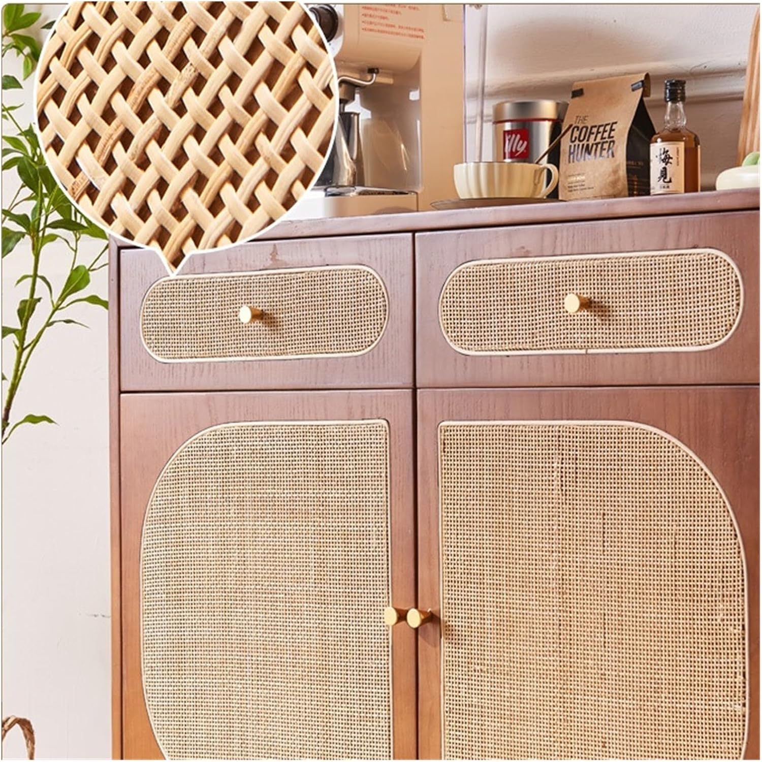 Sideboard Cabinet Rattan Solid Wood Sideboard Household Multifunctional with Drawers Three Door Classification Storage Cabinet Console Coffee Table