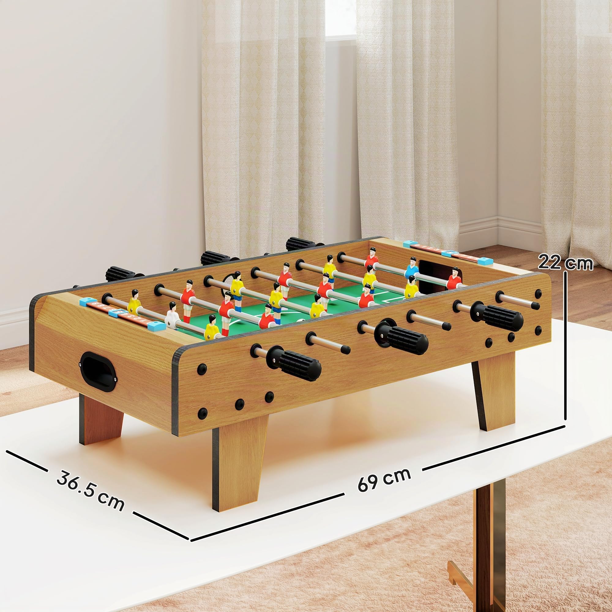 HOMCOM Calcio Balilla Adulti Bambini 2 Palline 69x36.5x22 cm Color Legno | 18 Giocatori e Segnapunti, Calcetto Balilla in MDF, per Casa Scuola, per 2-4 Persone