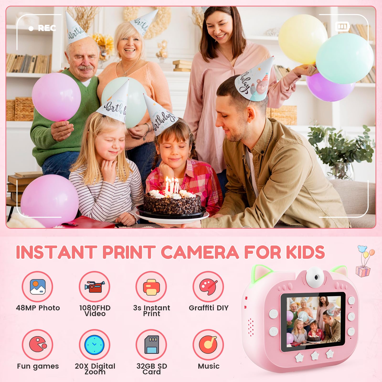Macchina Fotografica Bambini Istantanea, Potuem 2.4 Pollici Digitale Fotocamera Bambini con Zoom 20X, Lente Ruotabile a 180°, 48MP/1080P Fotocamera Istantanea per Bambini, Regalo di Compleanno
