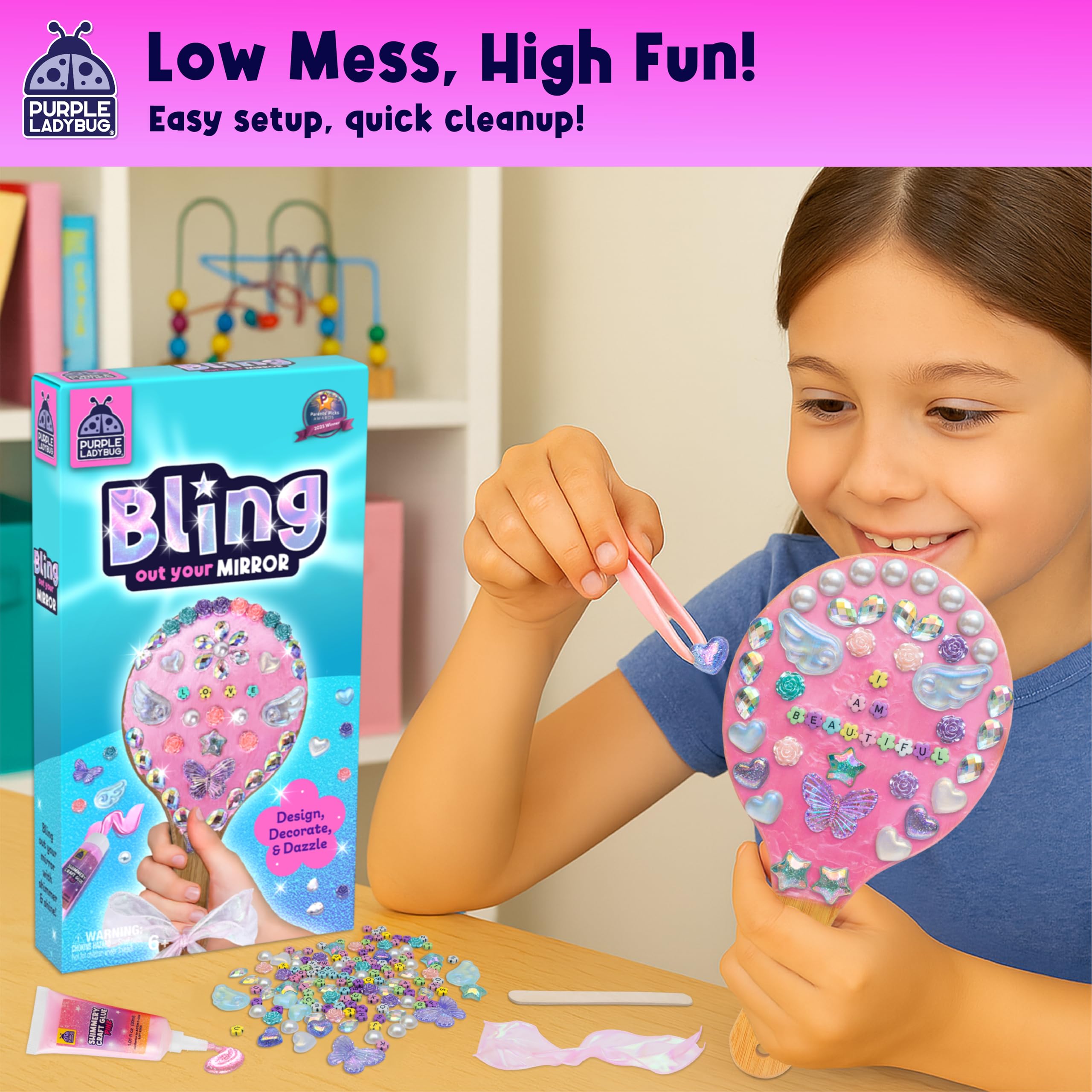Bling Out Your Mirror Craft Kit for Girls - Decorate Your Own Craft Set with Wooden Handheld Mirror, Gems, & Beads, Girl Christmas & Birthday Gift for 5-12 Years Old, Fun Crafts for Girls Ages 4-12