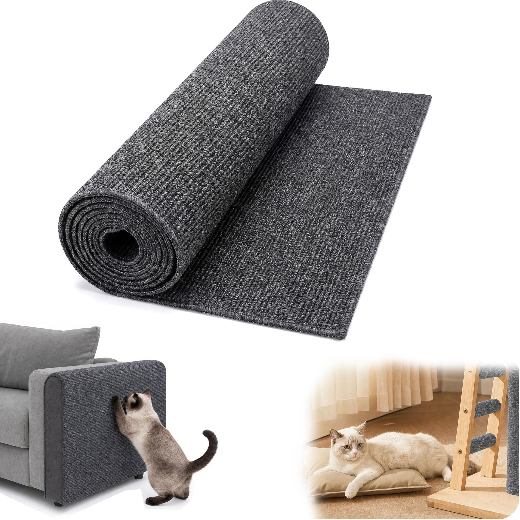 Cat Scratching Mat, 300 × 40 cm Thickened Self Adhesive Cats with Extra Adhesive Strips DIY Cuttable Climbing Wall Scratch Pad Furniture Protector for Sofa Wall Floor Carpet Grey