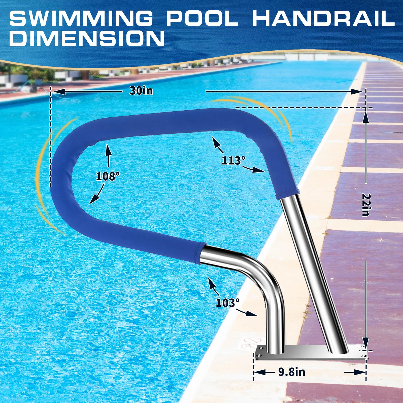30x22 Inch Inground Pool Handrail - 304 Stainless Steel Safety Rail With No-Slip Cover
