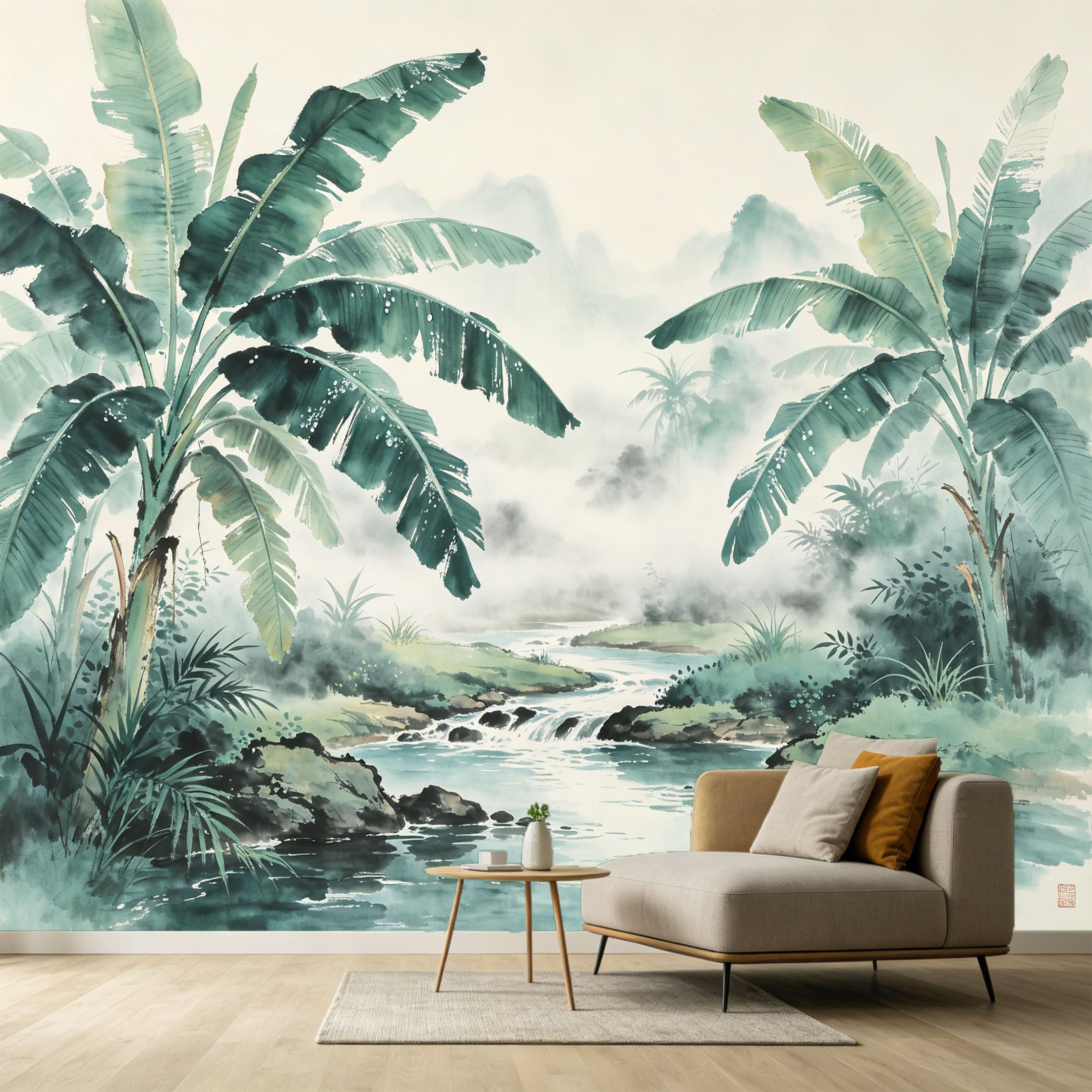 Custom Size Wall Murals Tropical Botanical Watercolor Painting Banana Leaves River Stream SelfAdhesive Wall Fabric Removable Large Wallpaper for Photo Living Room