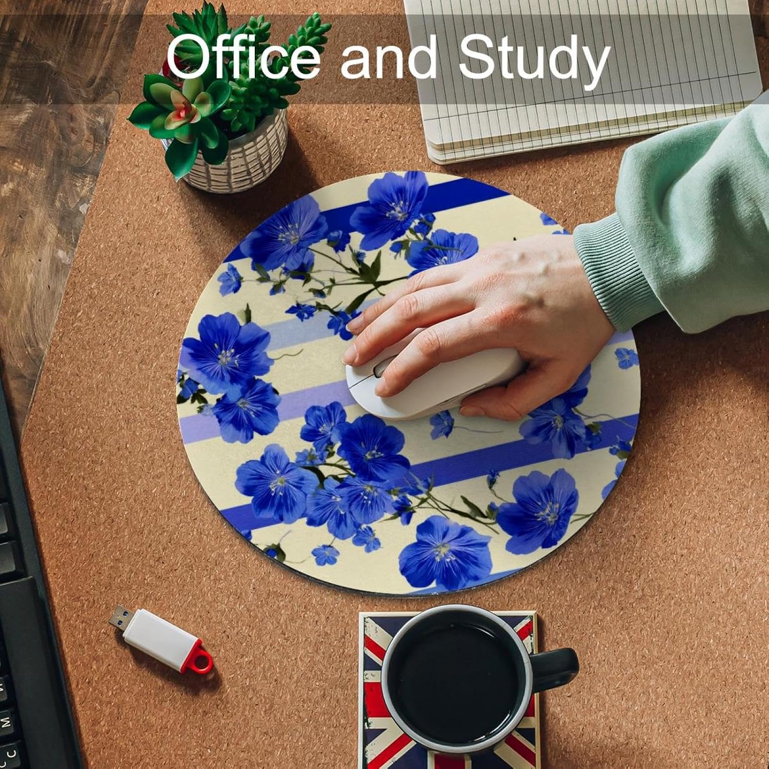 Round Mouse Pad for Women Men, 10’’ Round Desk Pad Mousepad Non-Slip Rubber Base, Office Home Laptop Accessories, Art Blue Seamless Flowers image 5