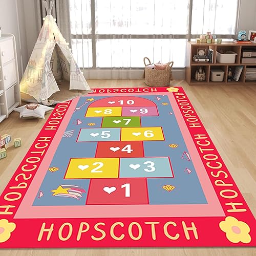 Miniatura 9 de Hopscotch - Alfombra de juego de 4 x 5 pies, diseño colorido del alfabeto y geometría antideslizante, alfombra de juego para niños, alfombras
