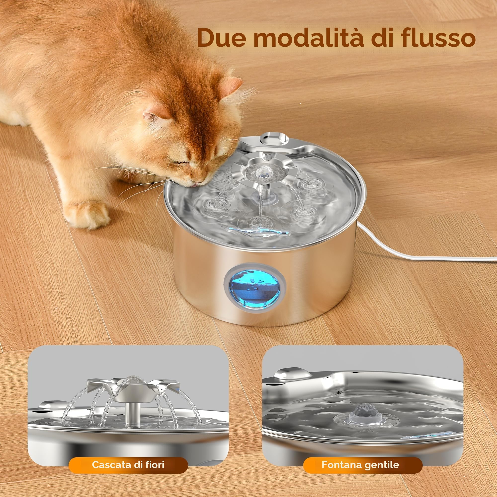 Fontanella Gatti Acciaio Fontana per Gatto: Fontanella Gatto Automatico - 2.6L Distributore Acqua Gatti - Fontana per Cani - Dispenser Acqua Cani - Cascata di Fiori - con 6 Filtris + 3 Spugnes