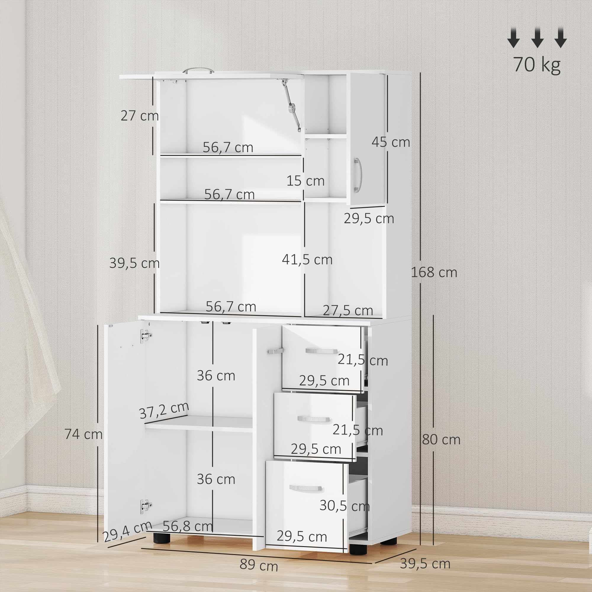 HOMCOM Armoire de Cuisine Buffet Cuisine 89x39,5x168 cm Blanc