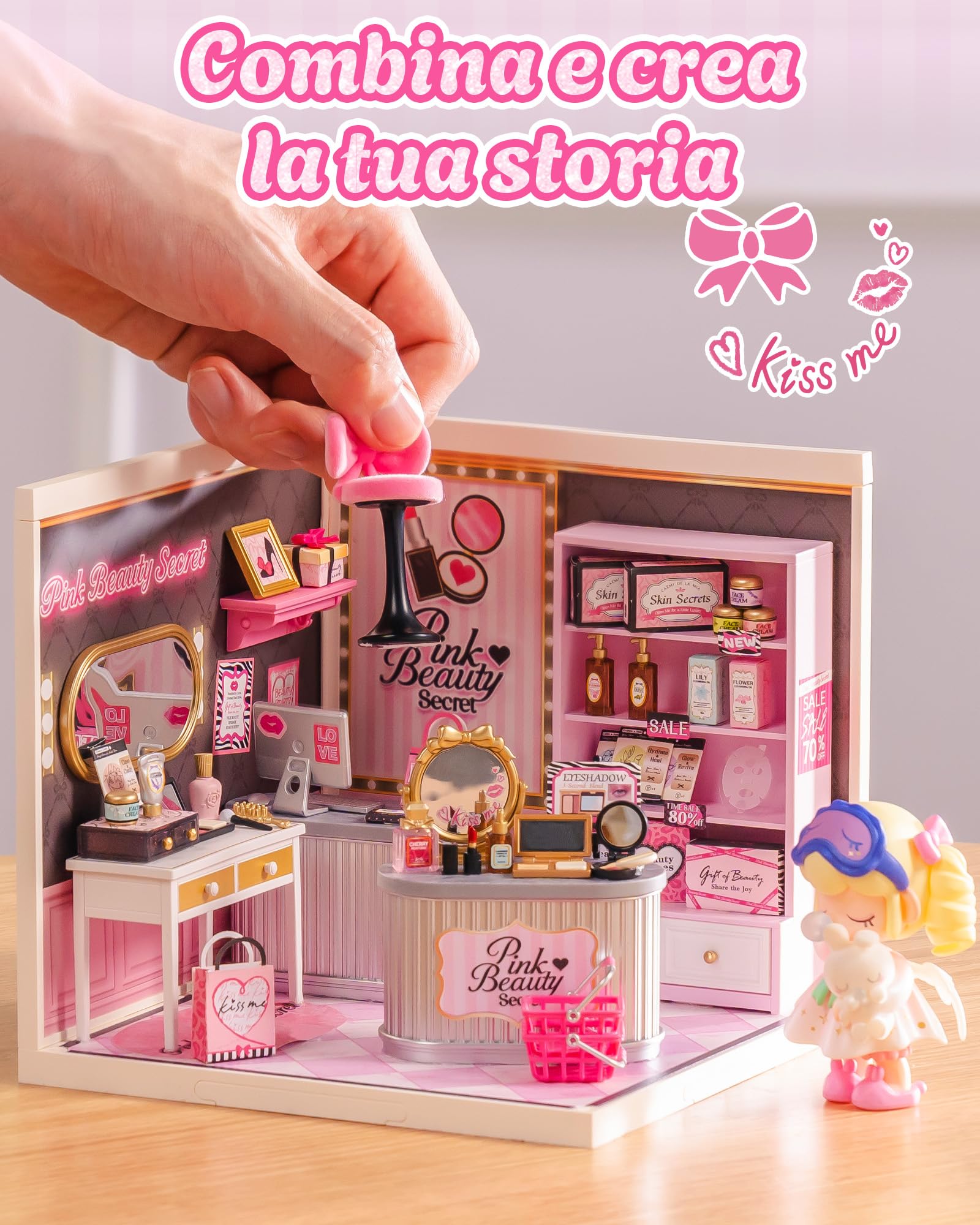 Rolife Super Creator Pink Beauty Store, Kit Fai da Te in Miniatura per Casa delle Bambole con Luce, Kit di Mobili per Casa delle Bambole in Plastica Senza Colla, Kit di Costruzione in Miniatura per