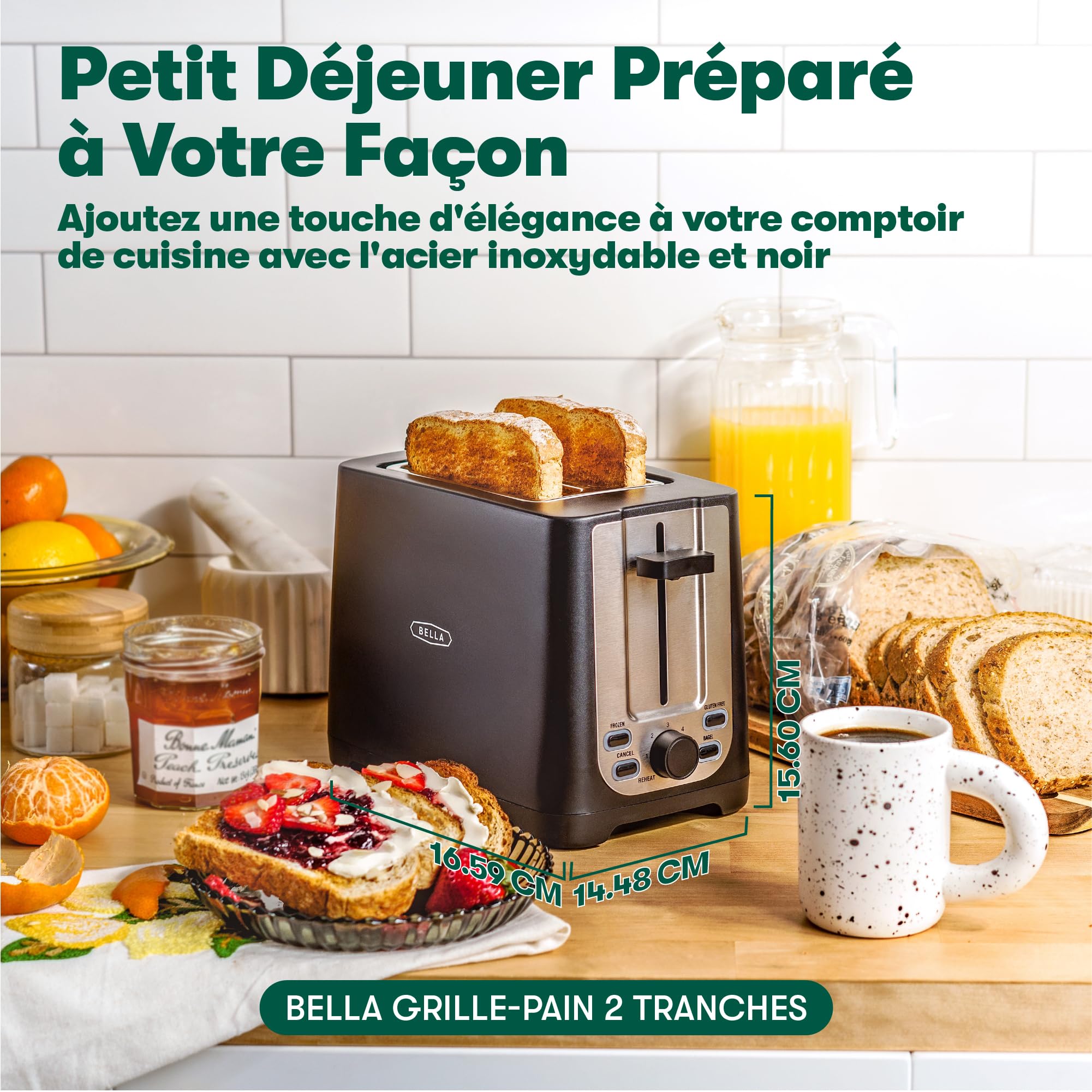 bella Tostapane a 2 fette con spegnimento automatico, fessure extra larghe, vassoio raccoglibriciole rimovibile, scongelamento e riscaldamento - pane tostato, bagel e waffle, nero