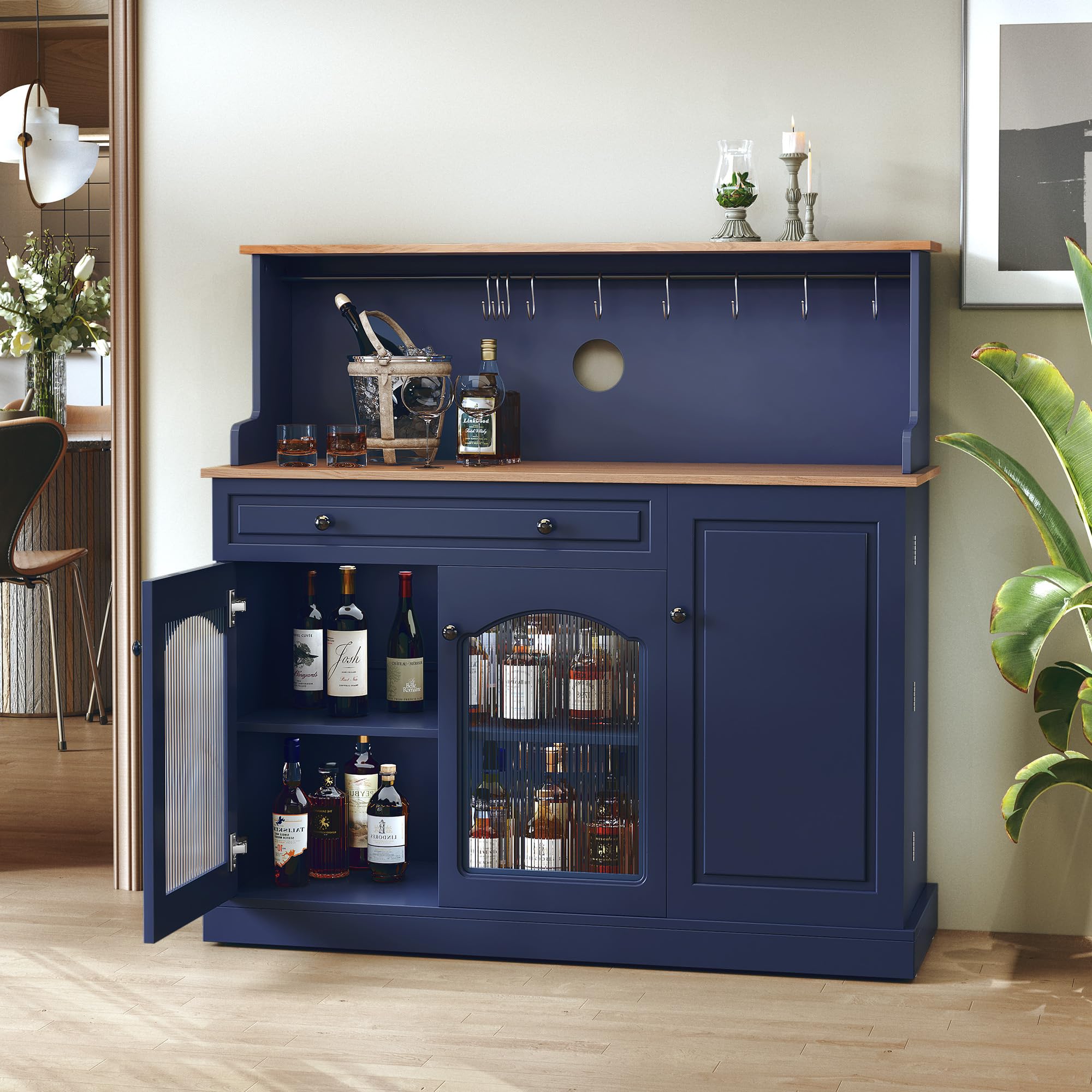 ARTPOWER Farmhosue Coffee Bar Cabinet with Hutch - 48” Modern Buffet Cabinet with Drawer Storage and Glass Doors,Wine Bar Table with Adjustable