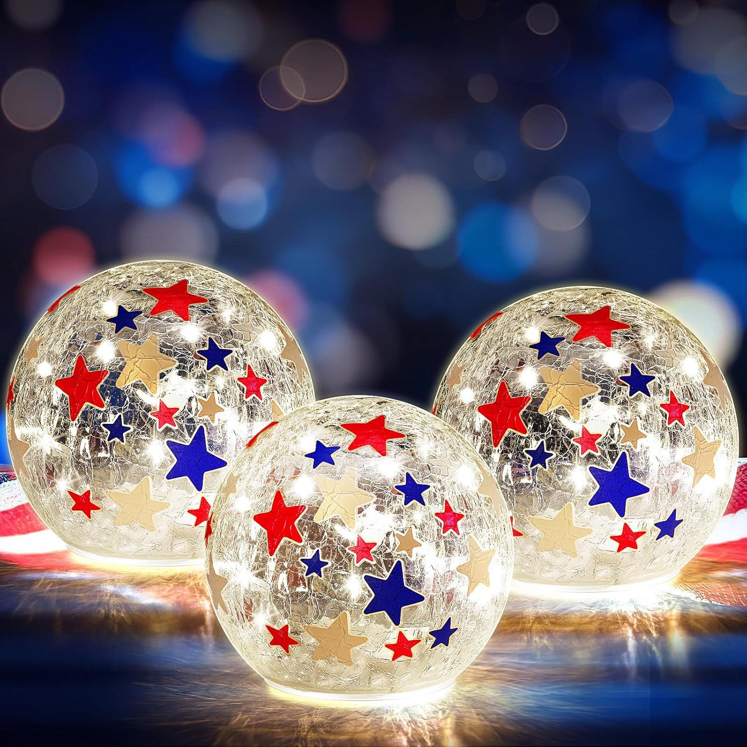 Rossesay 3 Pcs 4th of July Decorative Lights, 3.94 Inch Crackle Glass Star LED Globe Lights, Battery Operated Patriotic Lamp for Party Outdoor Garden Patio Indoor Independence Day Gifts Home Decor