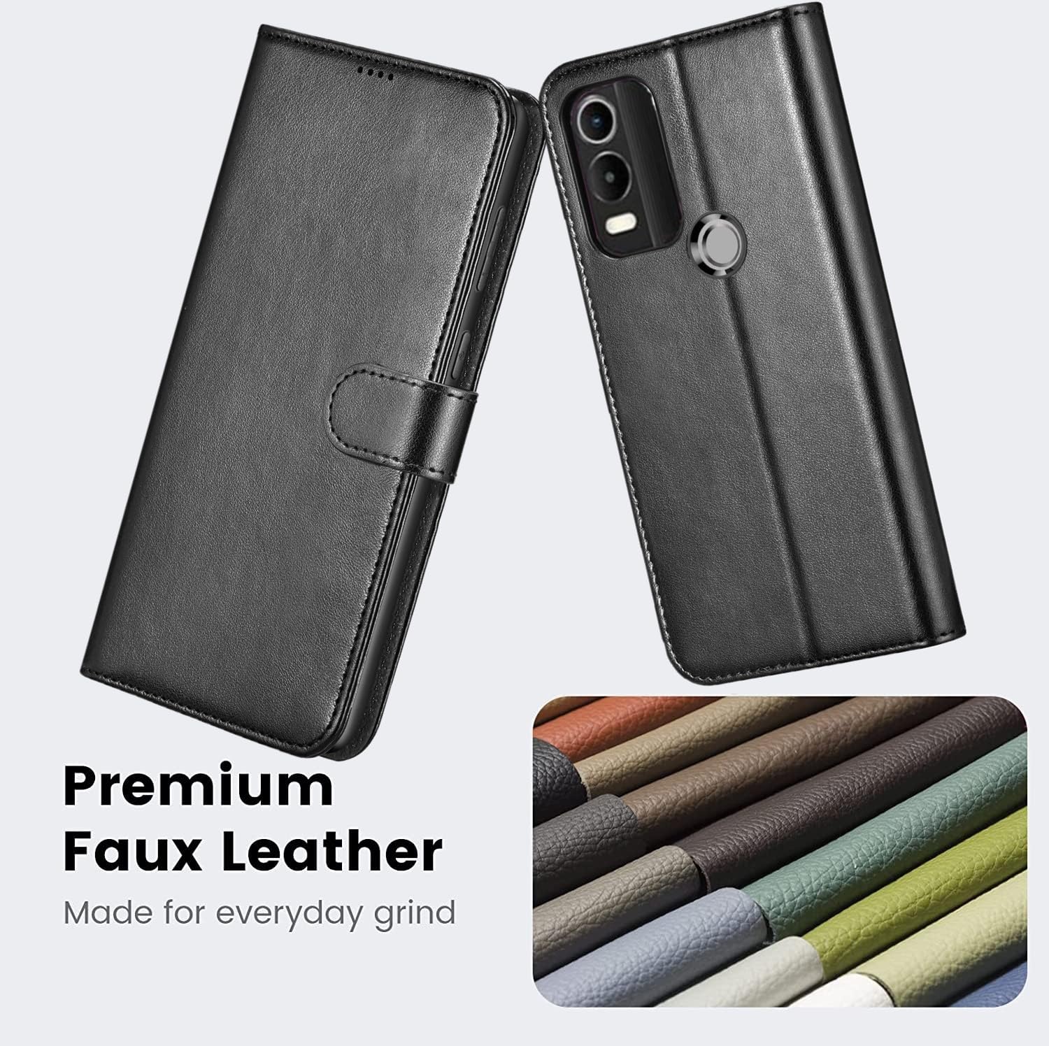 NWNK13 For Nokia C32 / C22 Case Leather Wallet Book Flip Stand View Phone Cover with Card Holder Slots Compatible with Nokia C22 (Black) - Image 2