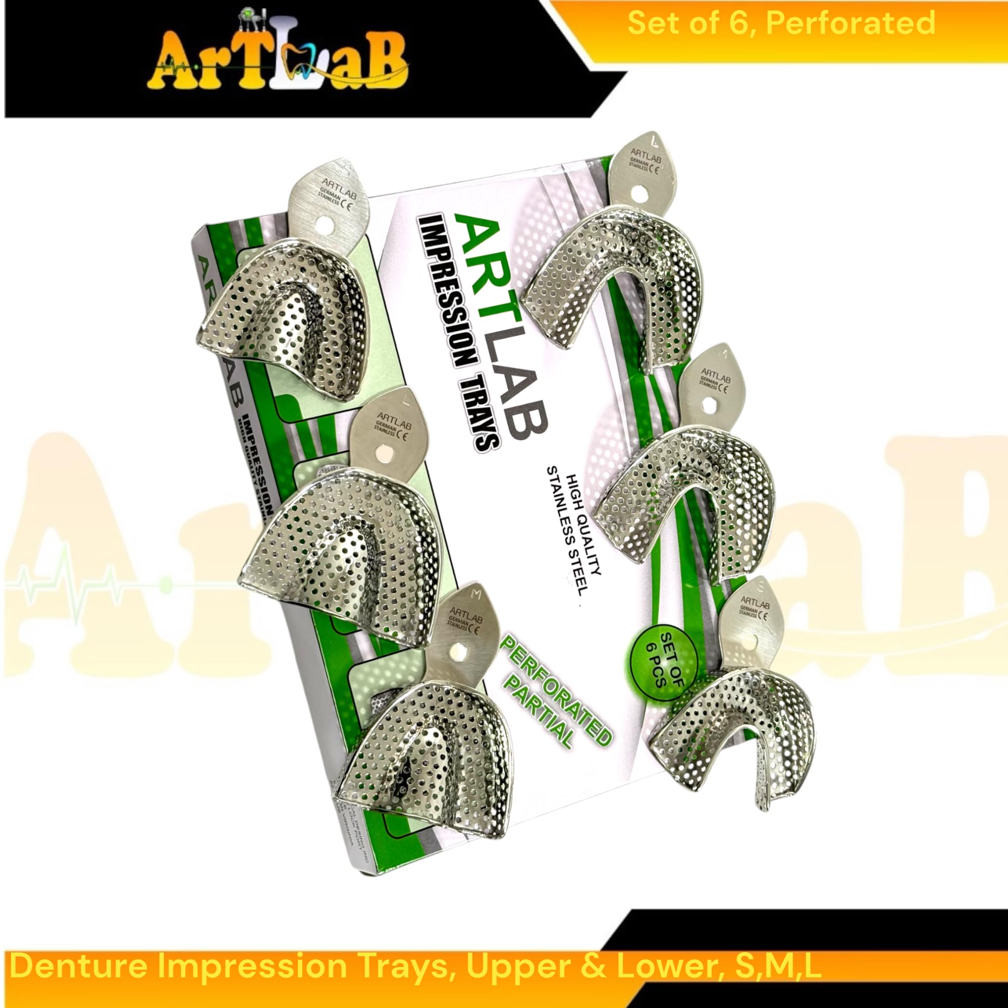 6pcs Kit - German Stainless Steel Autoclave Safe Denture Impression Trays, Perforated Design, Upper and Lower Pairs - S, M, L