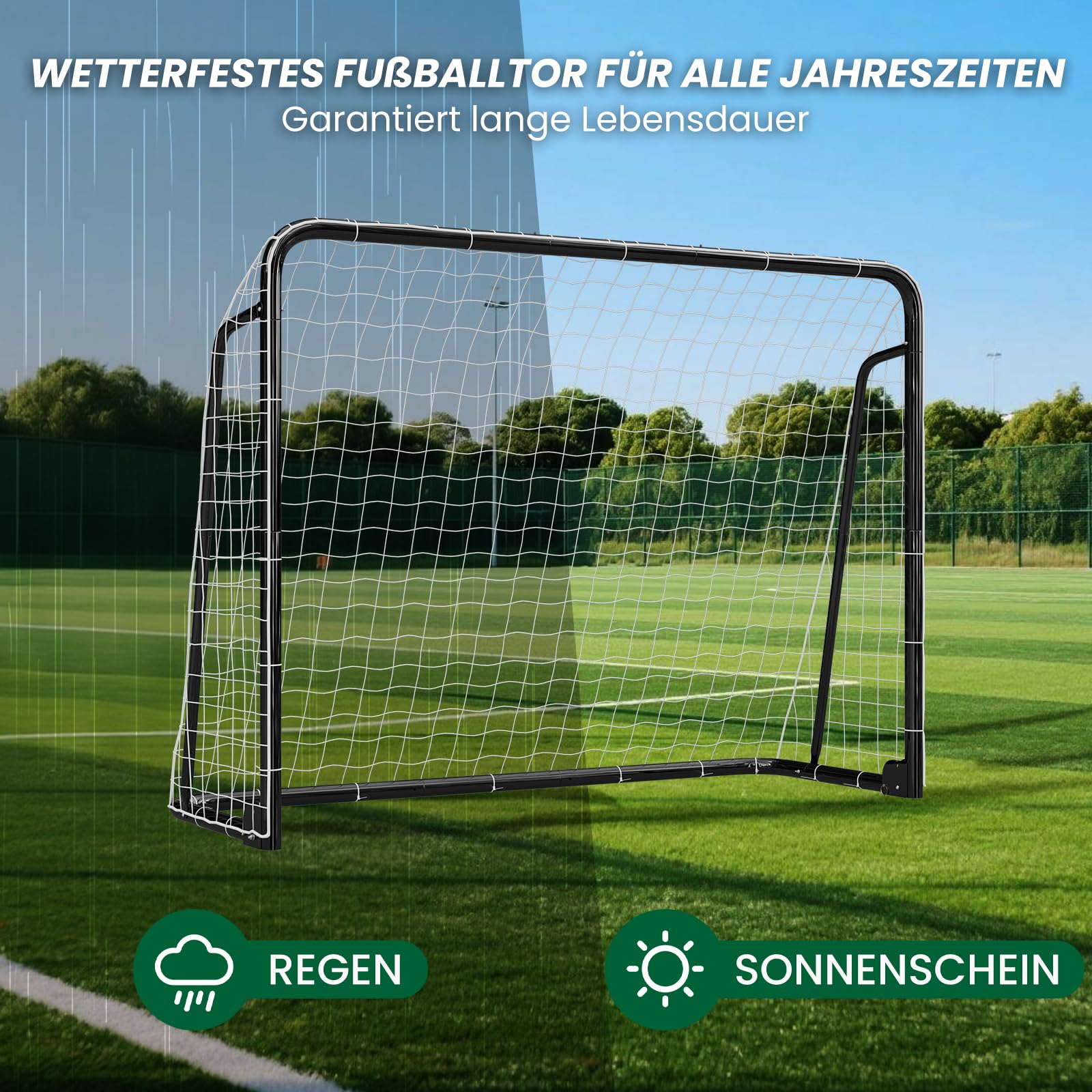 Fußballtor für Garten Kinder & Erwachsene, Robustes Fussballtor Outdoor mit Stahlrahmen, wetterfestem Netz, Erdankern, 6 Hütchen, Fußball Tor Set für Training, Schwarz