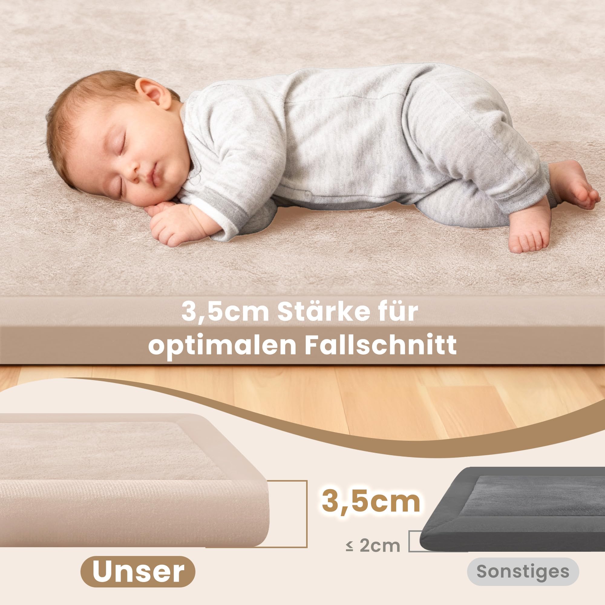 ACOMOPACK Baby Krabbelmatte 127x127x3.5cm Dicke Spielmatte mit Schaumfüllung Rutschfester Unterseite Weicher Kurzflor Kinderzimmer Teppich Beige - 4