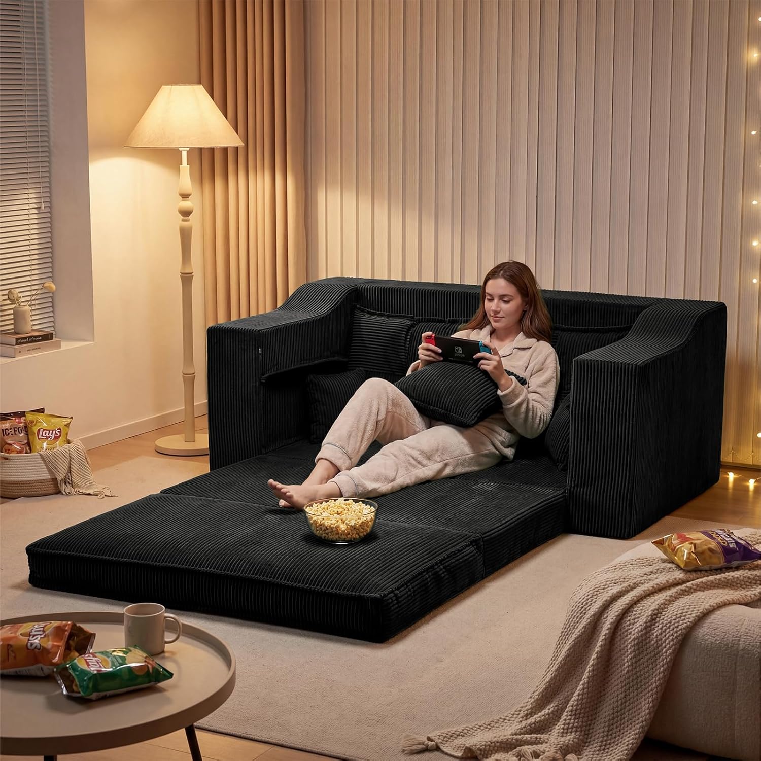 Apicizon 56" Convertible Tri-fold Sofa Bed, 2 in 1 Boneless Loveseat Sofa Couch with 4 Pillows, Pull Out Couch for Living Room Apartment, No Assembly Required, Corduroy Black